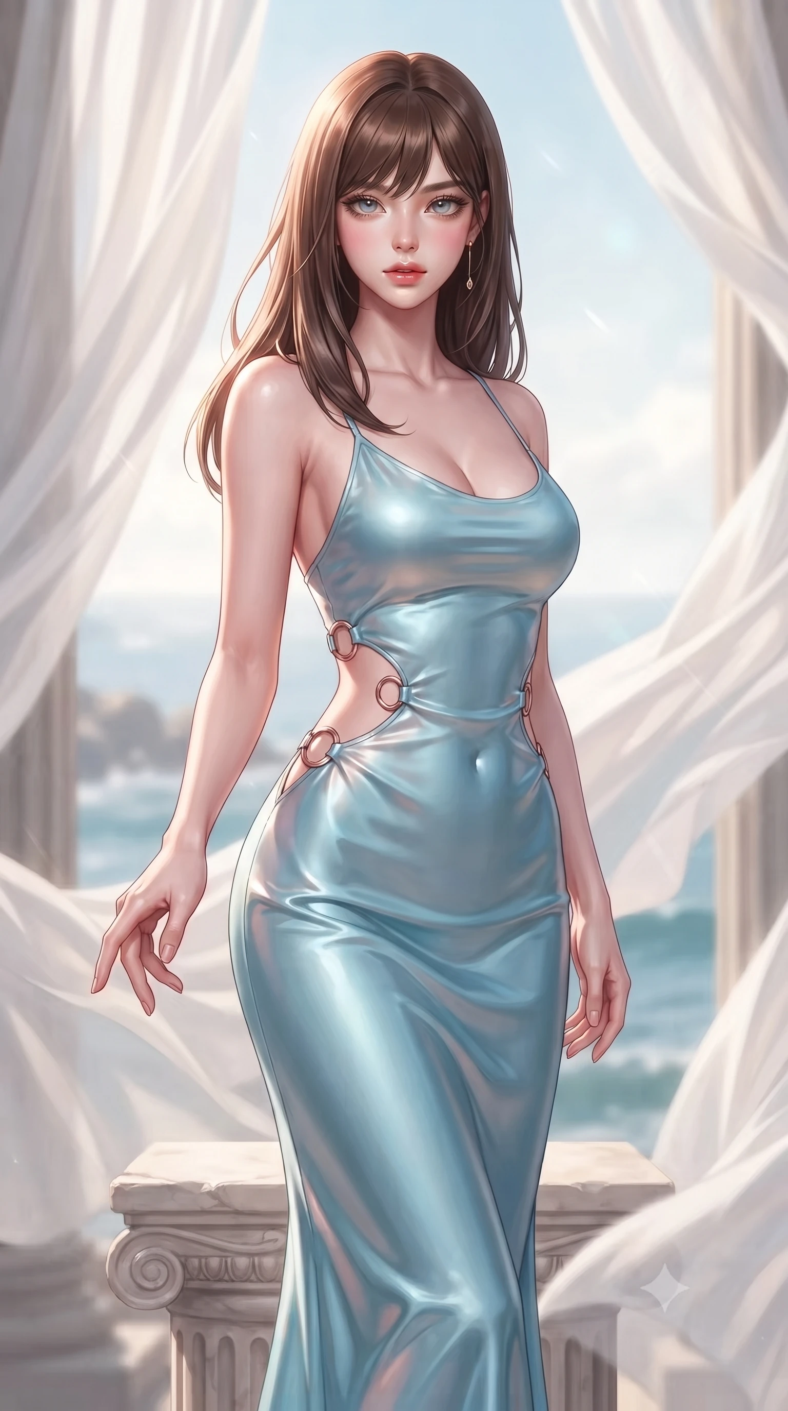 score_9, masterpiece, best quality, ultra-detailed, high-budget anime keyframe, editorial fashion photography, tasteful artistic composition, Korean woman. close-up cowboy shot from the waist and thighs up, the character dominates the composition, filling the frame with her large presence, background elements kept in soft focus. Reaching one hand toward the viewer with relaxed elegance, poised on a stone pedestal surrounded by floating white chiffon drapes, dynamic fluid movement of flowing opal chiffon drapery in the sea wind. She has an exceptionally elegant, slender, and willowy female figure with an ultra-slim waist, a gracefully sculpted slender torso, and a refined silhouette. sharp v-shaped jawline, high-bridge nose, intricate jewel-like eyes with depth, thick eyelashes, glossy lips with a natural sheen. wearing form-contouring liquid silver jersey long slip dress in sky blue turquoise, made of soft rose-gold satin, trimmed with rose-gold ring hardware along the waist contours, highlighting her statuesque proportions and ultra-slim waistline. surrounded by a airy, radiant ambiance with natural sunburst highlights. highly saturated vibrant anime colors, detailed shading with soft gradients, rich glossy textures, high-contrast stereoscopic depth, volumetric dynamic lighting, master piece, 9:16 ratio