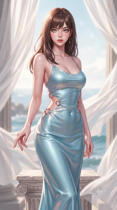 score_9, masterpiece, best quality, ultra-detailed, high-budget anime keyframe, editorial fashion photography, tasteful artistic composition, Korean woman. close-up cowboy shot from the waist and thighs up, the character dominates the composition, fi