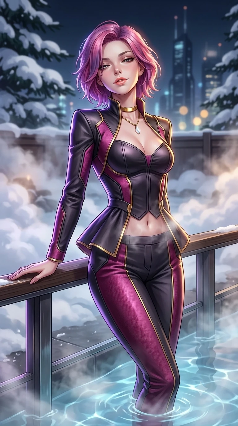 score_9, masterpiece, best quality, ultra-detailed, high-budget anime keyframe, semi-realistic 3D game render, editorial fashion photography, tasteful artistic composition, Caucasian woman. close-up cowboy shot from the waist and thighs up, the character dominates the composition, filling the frame with her large presence. leaning back against the balustrade with relaxed seductive grace, head tilted back slightly while casting a hypnotic, heavy-lidded gaze while stepping slowly into the thermal pool with hypnotic grace, rising vapor caressing her flat midriff and slender thighs. The background shows a soft-focus billowing thermal steam clouds, heavy snowdrifts on dark pine branches, and distant cyberpunk spires blurred into slate blue, ivory, and streetlamp amber bokeh. She has an exceptionally elegant, slender, and willowy female figure with an ultra-slim waist, flat toned midriff, narrow ribcage, and sculpted feminine hips creating an alluring, slim hourglass silhouette without bulk. sharp v-shaped jawline, high-bridge nose, sparkling eyes with hypnotic seductive depth, thick curled eyelashes, glossy parted lips with a natural dewy peach sheen, alluring bedroom-eyes with an enchanting coquettish smile, exuding magnetic siren charisma and sophisticated glamour, flawlessly proportioned anatomical accuracy, strict slender model proportions, natural body alignment, perfectly sculpted long slender limbs, ultra-slim waistline, clean dynamic posture without body distortion. wearing a structured cybernetic high-collar satin peplum jacket paired with high-waisted tailored cigarette pants in cybernetic magenta and dark graphite black, tailored from double-faced cashmere and virgin wool with a pristine velvety brushed finish, finished with a minimalist gold choker and a single teardrop diamond pendant, the bespoke structured tailoring following the natural line of her 8.5-heads silhouette with refined elegance. illuminated by tub water caustics and sharp platinum-violet rim lights defining her delicate clavicles, ultra-slim waist, and curvy hips. highly saturated vibrant anime colors, detailed shading with soft gradients, rich glossy textures, high-contrast stereoscopic depth, volumetric dynamic lighting, master piece, 9:16 ratio