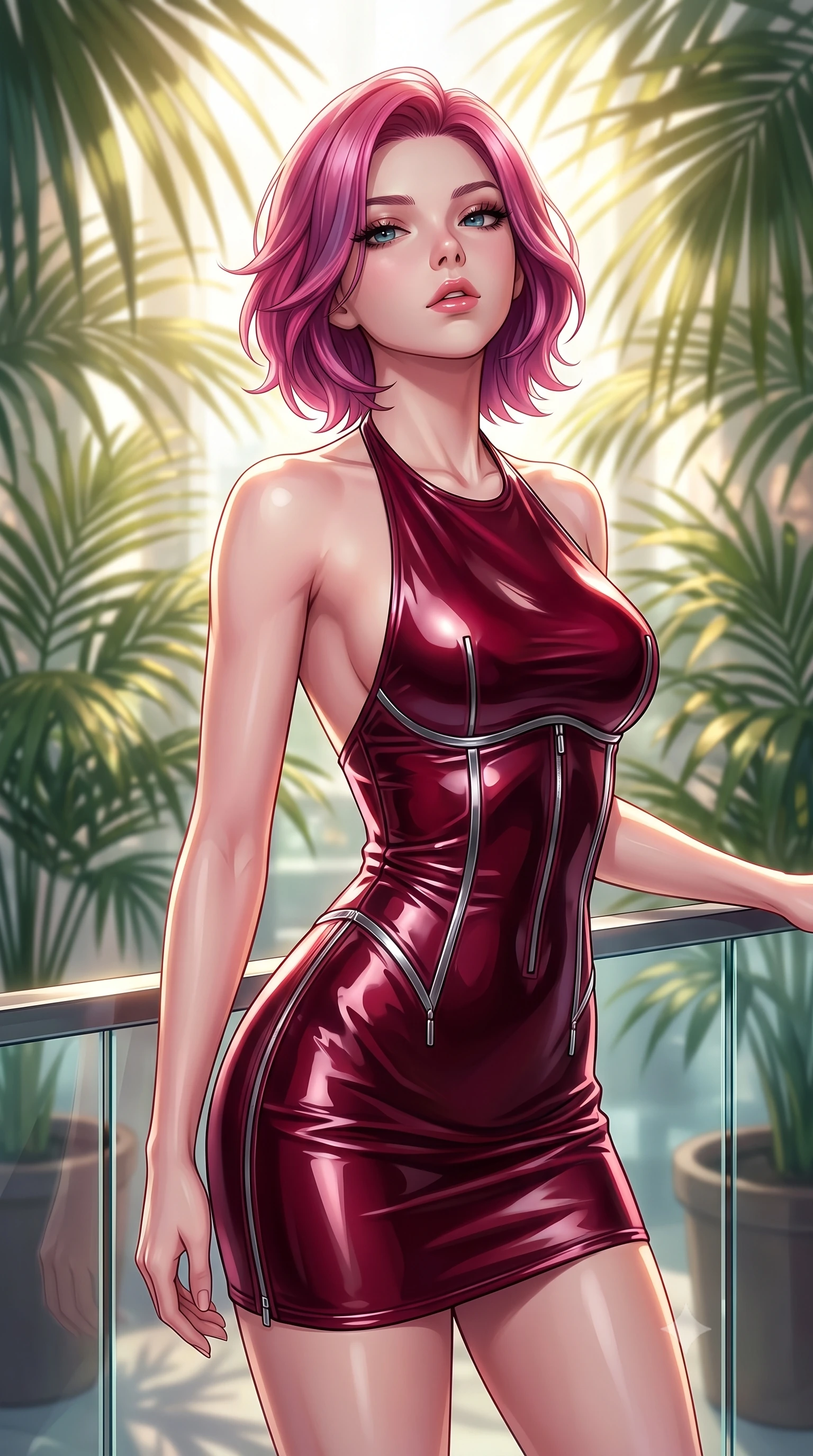 score_9, masterpiece, best quality, ultra-detailed, high-budget anime keyframe, editorial fashion photography, tasteful artistic composition, Caucasian woman. close-up cowboy shot from the waist and thighs up, the character dominates the composition, filling the frame with her large presence, background elements kept in soft focus. Tilting her chin up slightly with lips parted in a composed, magnetic expression, standing beside a glass balustrade surrounded by potted lush tropical palms, sculpted athletic build contoured by a sleek activewear bodysuit. She has an exceptionally elegant, slender, and willowy female figure with an ultra-slim waist, a gracefully sculpted slender torso, and a refined silhouette. sharp v-shaped jawline, high-bridge nose, intricate jewel-like eyes with depth, thick eyelashes, glossy lips with a natural sheen. wearing backless liquid vinyl mini slip dress with bare shoulder halter neckline in deep crimson burgundy, made of liquid dark mercury jersey, finished with metallic silver boning and sleek zipper points, contouring every curve with an exceptionally elegant silhouette. bathed in bright golden sunlight filtering through tropical palm fronds. highly saturated vibrant anime colors, detailed shading with soft gradients, rich glossy textures, high-contrast stereoscopic depth, volumetric dynamic lighting, master piece, 9:16 ratio
