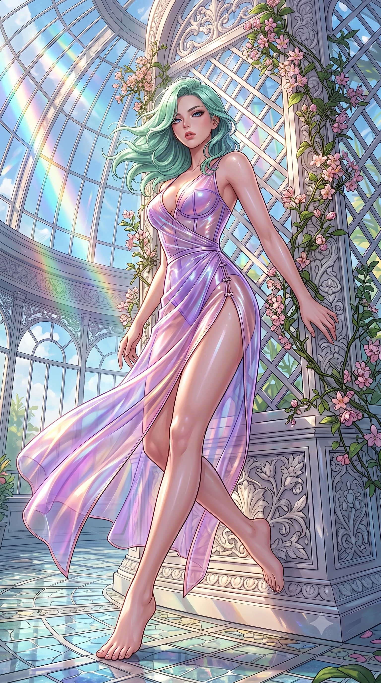 score_9, masterpiece, best quality, ultra-detailed, high-budget anime keyframe, semi-realistic 3D game render, editorial fashion photography, tasteful artistic composition, Japanese woman. low angle full-body shot from head to toe showing her feet, filling the entire 9:16 vertical frame with her statuesque presence, stretching her vertical silhouette. pivoting dynamically in mid-motion with a breathtakingly alluring posture, displaying her flawless model proportions and ultra-slim waist while leaning against a sun-drenched crystal trellis draped in flowering vines with a captivating, smoldering gaze. The surrounding environment is rendered in vivid detail and crisp panoramic clarity. intricate botanical trellis carvings, distinct rainbow light band edges, and glass dome panes in high resolution. She has an absolutely perfect, statuesque 8.5-heads proportion, an exceptionally tall and slender model-like female figure with impossibly long slender legs, a toned flat midriff, and an ultra-slim waist. sharp v-shaped jawline, high-bridge nose, intricate jewel-like eyes with depth, thick eyelashes, glossy lips with a natural sheen, flawlessly proportioned anatomical accuracy, strict slender model proportions, natural body alignment, perfectly sculpted long slender limbs, ultra-slim waistline, clean dynamic posture without body distortion. wearing a translucent iridescent organza wrap dress with structured bustier boning, plunging neckline, and high-cut dual leg slits in luminous lavender violet and rose gold, crafted from ultra-reflective second-skin latex with a high-gloss glass-like polish, finished with an ultra-high side slit secured by miniature magnetic clasps, the sleek second-skin cut tightly hugging her graceful clavicle, narrow waist, and feminine curves with athletic precision. surrounded by a pure, romantic, and breathtakingly alluring floral sanctuary atmosphere. highly saturated vibrant anime colors, detailed shading with soft gradients, rich glossy textures, high-contrast stereoscopic depth, volumetric dynamic lighting, master piece, 9:16 ratio
