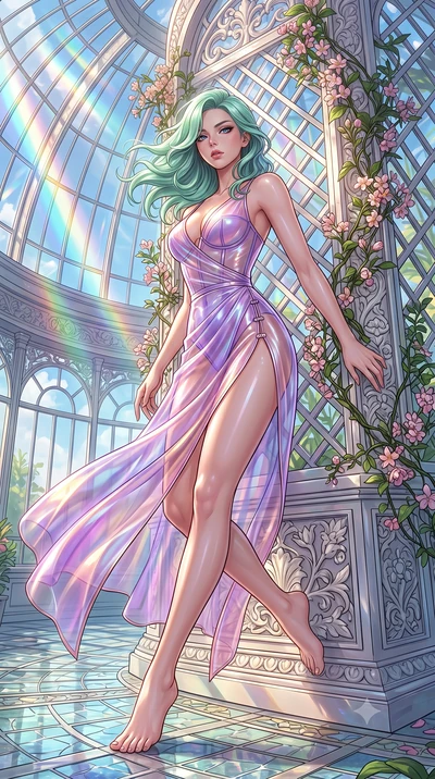 score_9, masterpiece, best quality, ultra-detailed, high-budget anime keyframe, semi-realistic 3D game render, editorial fashion photography, tasteful artistic composition, Japanese woman. low angle full-body shot from head to toe showing her feet, f