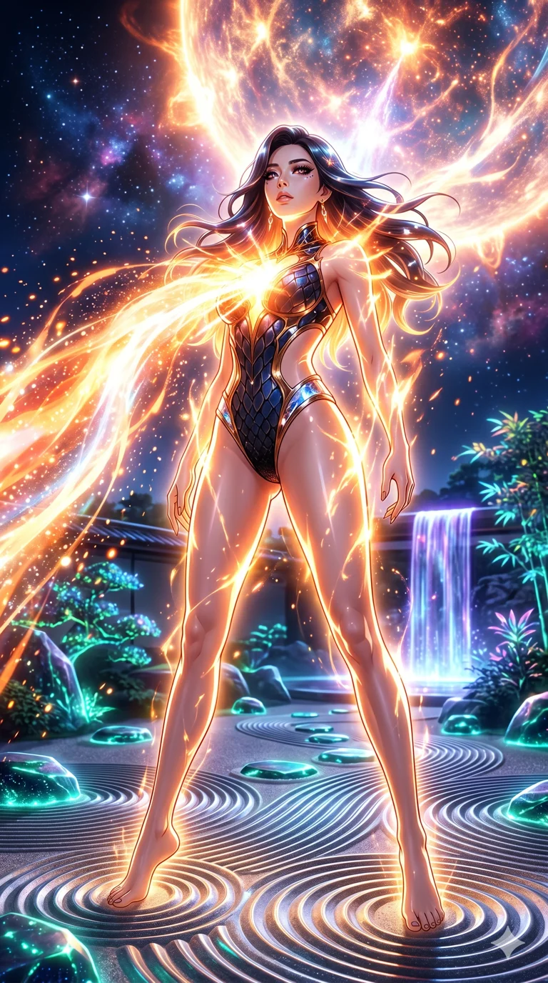 score_9, masterpiece, best quality, ultra-detailed, High-budget Anime Keyframe, vibrant colors, fluid line-art, expressive lighting, cinematic composition, Ufotable-style visual effects, top-tier animation quality, Korean woman with idol-like refined features. Wide-angle low shot emphasizing her impossibly long slender legs and commanding stature. Absorbing the raw power of a dying star into her chest, her body glowing with an intense, blinding radiance. She has an absolutely perfect 8-heads proportion, an exceptionally tall and slender female figure with impossibly long slender legs and an ultra-slim waist, her statuesque height and towering silhouette dominating the vertical 9:16 frame. Her face is a masterpiece featuring a sharp v-shaped jawline, high-bridge nose, intricate jewel-like eyes with depth, thick eyelashes, and glossy lips with a natural sheen. She is wearing a Molten metal-look bodysuit with daring cut-outs and a high-cut silhouette crafted from Obsidian-glass scales that shimmer with a dark, crystalline brilliance, featuring strategic side cut-outs that emphasize her ultra-slim waist and hips. The scene is set in a serene Zen garden with metallic sand, glowing stones, and a holographic waterfall, illuminated by intense energy flares from her powers illuminating the scene with brilliant light. 2k, ultra detail, master piece, 9:16 ratio