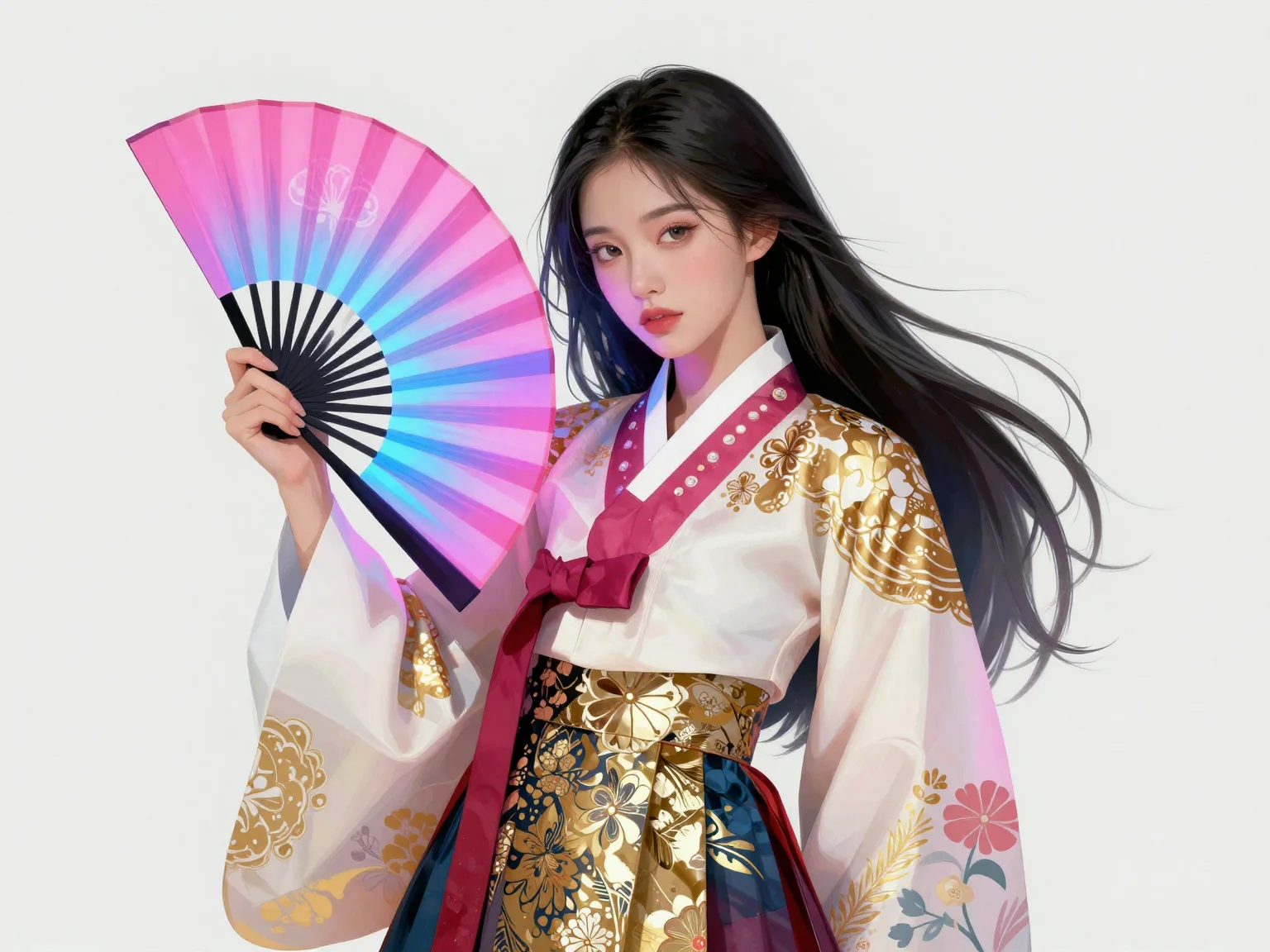 A minimalist digital illustration of a confident K-POP idol-inspired female character with long, flowing hair, wearing a modernized hanbok with intricate gold and white floral patterns, holding a traditional Korean folding fan glowing with vibrant neon pink and electric blue accents.