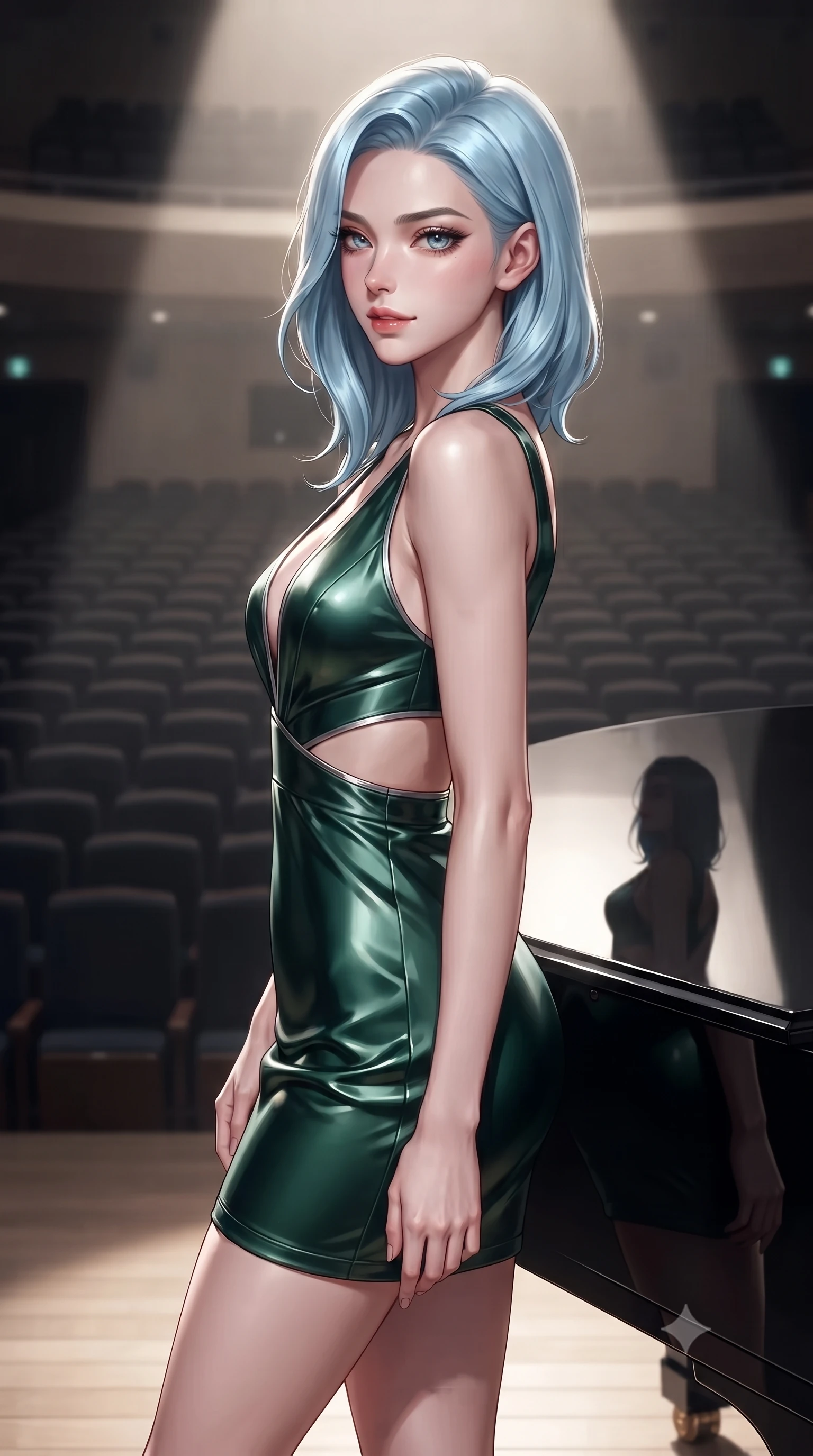 score_9, masterpiece, best quality, ultra-detailed, high-budget anime keyframe, editorial fashion photography, tasteful artistic composition, Korean woman. close-up cowboy shot from the waist and thighs up, the character dominates the composition, filling the frame with her large presence, background elements kept in soft focus. Glancing sidelong over her shoulder with a smoldering half-smile and heavy lashes poised before a vast empty auditorium illuminated by a single dramatic spotlight, ultra-glossy ebony piano lacquer reflecting the spotlight and her silhouette. She has an exceptionally elegant, slender, and willowy female figure with an ultra-slim waist, a gracefully sculpted slender torso, and a refined silhouette. sharp v-shaped jawline, high-bridge nose, intricate jewel-like eyes with depth, thick eyelashes, glossy lips with a natural sheen. wearing a liquid mercury gloss mini dress with ultra-deep V-neck and waist cutouts in deep emerald green and silver accent, crafted from lustrous satin jersey with fluid draping, featuring clean architectural cutouts along her slender torso, the form-contouring material highlighting her ultra-slim waist and long lines. surrounded by an elegant, high-contrast performance atmosphere. highly saturated vibrant anime colors, detailed shading with soft gradients, rich glossy textures, high-contrast stereoscopic depth, volumetric dynamic lighting, master piece, 9:16 ratio