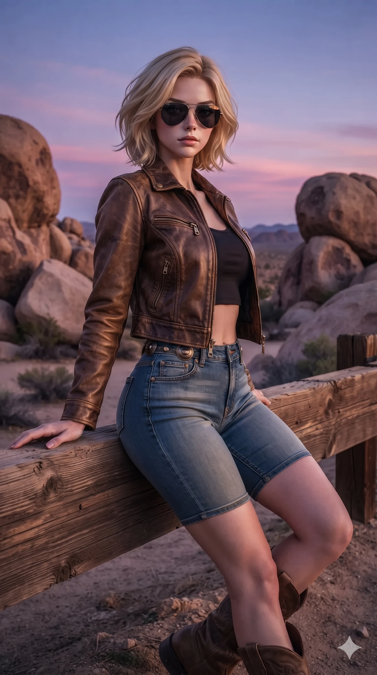 score_9, masterpiece, best quality, ultra-detailed, high-budget anime keyframe, editorial fashion photography, tasteful artistic composition, Caucasian woman. close-up cowboy shot from the waist and thighs up, the character dominates the composition, filling the frame with her large presence. leaning against the timber guardrail with hips cocked back, looking through dark sunglasses with an alluring, confident half-smile while twisting her slender torso in an alluring contrapposto stance between giant stone boulders, twilight speculars tracing her sculpted flat midriff and curvy hips. The surrounding environment is rendered in vivid detail and crisp panoramic clarity: sharp weathered granite crystalline rock texture, spiky Joshua tree needle spines, and coarse desert sand in deep focus. She has an exceptionally elegant, slender, and willowy female figure with an ultra-slim waist, flat toned midriff, narrow ribcage, and sculpted feminine hips creating an alluring, slim hourglass silhouette without bulk. sharp v-shaped jawline, high-bridge nose, sparkling eyes with hypnotic seductive depth, thick curled eyelashes, glossy parted lips with a natural dewy peach sheen, alluring bedroom-eyes with an enchanting coquettish smile, exuding magnetic siren charisma and sophisticated glamour, flawlessly proportioned anatomical accuracy, strict slender model proportions, natural body alignment, perfectly sculpted long slender limbs, ultra-slim waistline, clean dynamic posture without body distortion. wearing a modern two-piece desert outlaw set featuring a zip-front crop jacket and curve-hugging low-rise biker shorts in distressed whiskey leather brown and sun-bleached denim blue, tailored from buttery-soft glove lambskin leather clinging smoothly to her narrow waist and rounded hips, finished with sleek heavy-duty brass zip pulls and buckled moto straps, the impeccably tailored cut draping gracefully along her slender figure with aristocratic western poise. bathed in the ethereal 2600K twilight glow of the setting sun transitioning into pastel rose and violet sky reflections. ultra-reflective glossy finish, specular highlights, rich textural contrasts, high-contrast stereoscopic depth, volumetric dynamic lighting, 2k, ultra detail, master piece, 9:16 ratio