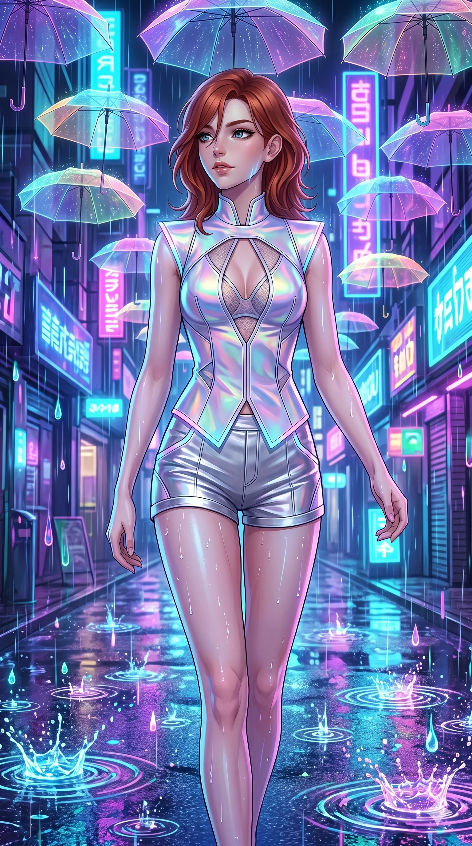 score_9, masterpiece, best quality, ultra-detailed, high-budget anime keyframe, Caucasian woman, strictly human ears. upper body close-up from the thighs up, character filling the screen for maximum presence. navigating a wet neon-lit future street under colorful floating umbrellas as translucent neon raindrops fall, creating brilliant splash ripples. She has an absolutely perfect 8-heads proportion, an exceptionally tall and slender female figure with impossibly long slender legs and an ultra-slim waist. V-shaped jawline, high-bridge nose, intricate jewel-like eyes with depth, thick eyelashes, glossy lips with a natural sheen.. wearing a holographic liquid silk vest and silver metallic tailored tailored mini shorts, featuring a keyhole cutout and architectural silhouette. enhanced by a luminous pastel spectrum glow, casting elegant rim lights on her shoulders and jawline. 2k, ultra detail, master piece, 9:16 ratio