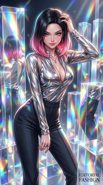 score_9, masterpiece, best quality, ultra-detailed, high-budget anime keyframe, editorial fashion photography, tasteful artistic composition, Korean woman. Upper body close-up from the thighs up, character filling the screen for maximum presence. She