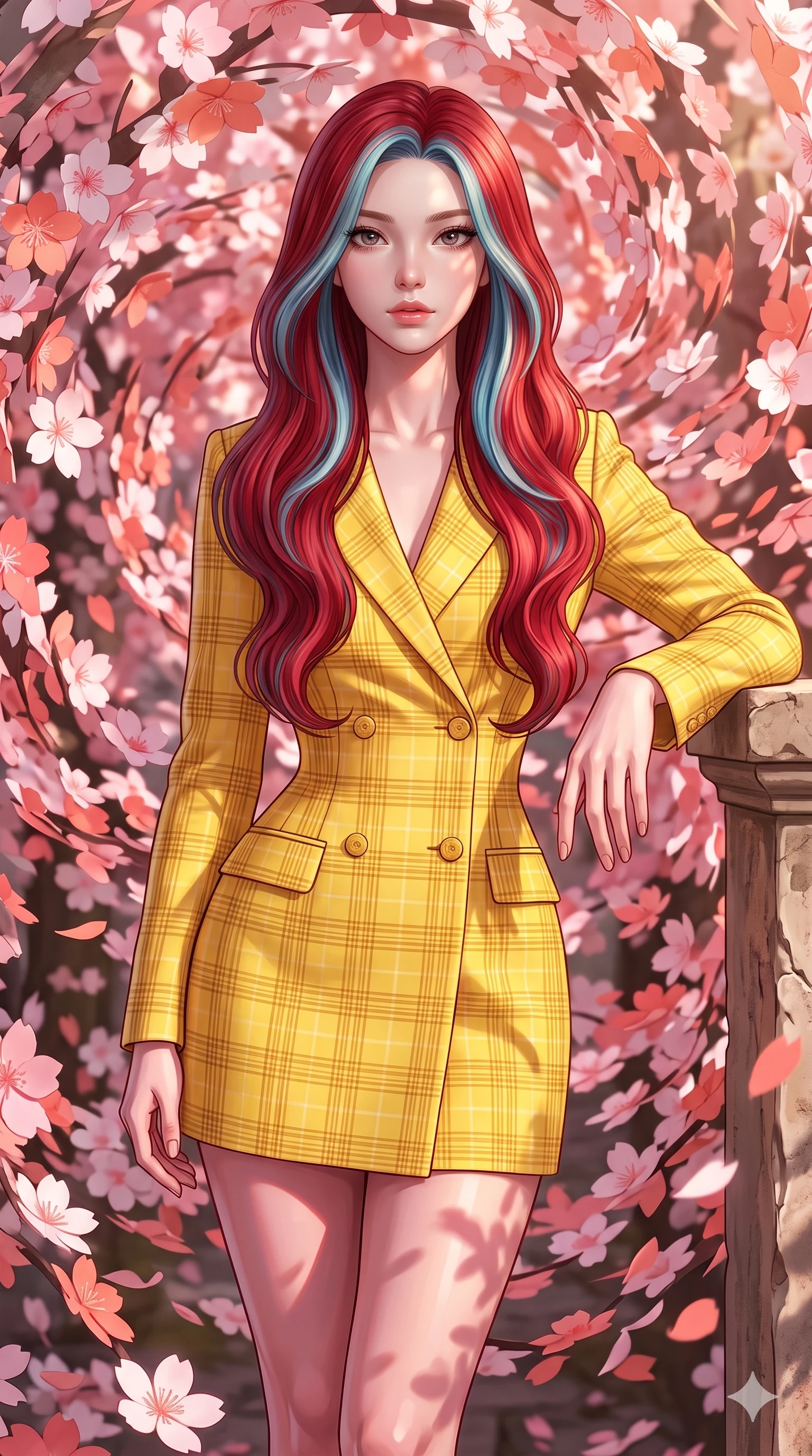 score_9, masterpiece, best quality, ultra-detailed, high-budget anime keyframe, editorial fashion photography, tasteful artistic composition, Caucasian woman, strictly human ears. close-up cowboy shot from the waist and thighs up, the character dominates the composition, filling the frame with her large presence, background elements kept in soft focus. Resting one arm elegantly against a surface with a poised relaxed stance. set against a soft-focus background of caught in a magnificent whirlwind of thousands of paper cherry blossoms that continuously unfold and refold in kaleidoscopic motion creating spiraling patterns of pink white and coral paper petals. She has an exceptionally elegant and slender, willowy female figure with an ultra-slim waist, a gracefully sculpted slender torso, and a refined slim physique. sharp v-shaped jawline, high-bridge nose, intricate jewel-like eyes with depth, thick eyelashes, glossy lips with a natural sheen. wearing a fitted double-breasted blazer dress in a bright canary yellow plaid, nips at her ultra-slim waist to emphasize her slender proportions. warm spring sunlight filtering through the paper petals creating a soft pink-tinted glow with dappled shadows that dance and shift constantly. 2k, ultra detail, master piece, 9:16 ratio