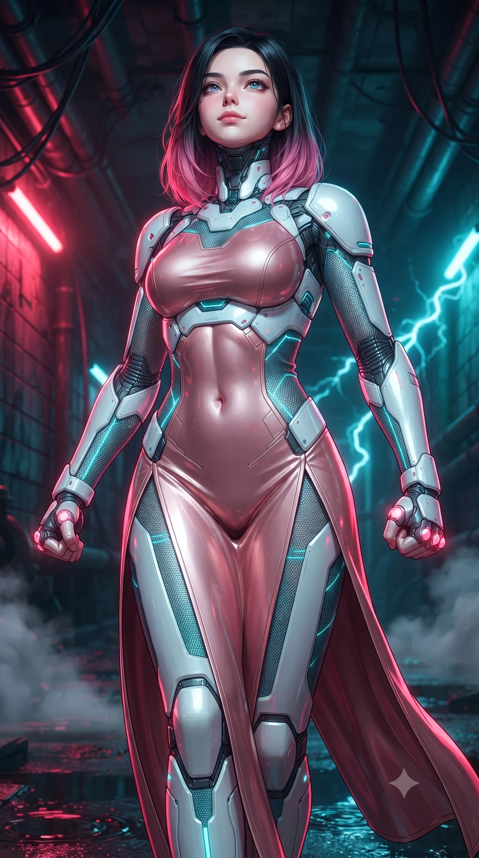 score_9, masterpiece, best quality, ultra-detailed, high-budget anime keyframe, editorial fashion photography, tasteful artistic composition, Korean woman. close-up cowboy shot from the waist and thighs up, the character dominates the composition, filling the frame with her large presence. tilting her head back with serene warrior composure, her sharp jawline and sculpted collarbones highlighted by glowing neon kinetic knuckles while stepping forward through drifting sewer steam with a slow, predatory combat advance that commands total respect. The surrounding environment is rendered in vivid detail and crisp panoramic clarity. intricate cybernetic conduit wires on armor, electric arc discharge filaments, and puddle ripples in high resolution. She has an exceptionally elegant, slender, and willowy female figure with an ultra-slim waist, a gracefully sculpted slender torso, toned flat midriff, and a refined slim silhouette. sharp v-shaped jawline, high-bridge nose, intricate jewel-like eyes with depth, thick eyelashes, glossy lips with a natural sheen, flawlessly proportioned anatomical accuracy, strict slender model proportions, natural body alignment, perfectly sculpted long slender limbs, ultra-slim waistline, clean dynamic posture without body distortion. wearing a form-fitting luminous rose-gold carbon combat gown with tactical high leg slits and flexible kinetic knee articulation in glacial ice-cyan carbon mesh with pure white armor plates, crafted from semi-translucent cybernetic carbon-vinyl interwoven with glowing micro-filaments, finished with high-mobility flexible limb seams and miniature magnetic armor locks, the form-contouring material adhering flawlessly to her sculpted flat midriff and slender torso, emphasizing her long leg lines and perfectly proportioned willowy build. bathed in vivid high-contrast neon crimson and deep cyan ambient rim lighting. ultra-reflective glossy finish, specular highlights, dark metallic sheen, high-contrast stereoscopic depth, volumetric dynamic lighting, 2k, ultra detail, master piece, 9:16 ratio