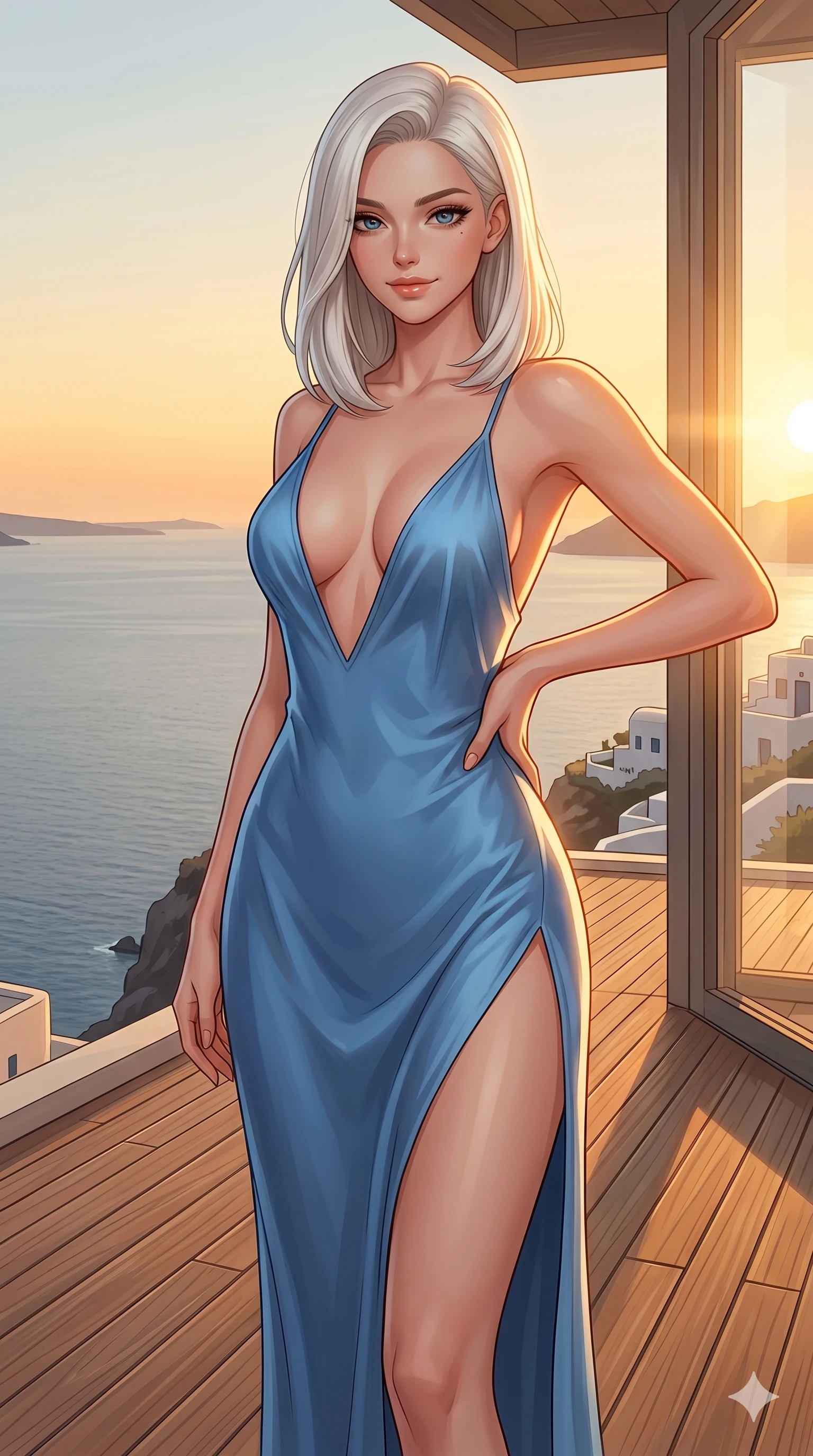 score_9, masterpiece, best quality, ultra-detailed, high-budget anime keyframe, editorial fashion photography, tasteful artistic composition, Caucasian woman, strictly human ears. cowboy shot from the thighs up, character and outfit filling the frame for maximum editorial presence. resting one hand on the curve of her hip, arching her back gracefully with a confident, bedroom-eyes smile on a private teak sun-deck of a cliffside villa in Santorini, overlooking the calm Aegean sea (Code-P033). She has an absolutely perfect 8-heads proportion, an exceptionally tall and slender female figure with impossibly long slender legs and an ultra-slim waist. V-shaped jawline, high-bridge nose, intricate jewel-like eyes with depth, thick eyelashes, glossy lips with a natural sheen. wearing a lightweight blue silk slip dress with an ultra-deep plunging neckline and a high side slit. bathed in warm, golden sunset light pouring through the windows, casting a warm glowing aura over her. 2k, ultra detail, master piece, 9:16 ratio