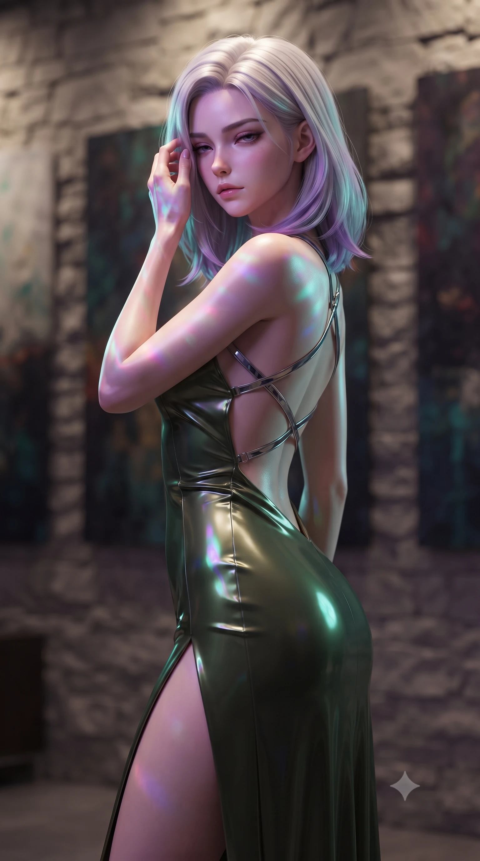 score_9, masterpiece, best quality, ultra-detailed, high-budget anime keyframe, editorial fashion photography, tasteful artistic composition, Caucasian woman. close-up cowboy shot from the waist and thighs up, the character dominates the composition, filling the frame with her large presence, background elements kept in soft focus. gently touching the side of her temple, casting a heavy-lidded, sultry look past the camera, the background shows a soft-focus a geothermal bath VIP elevator foyer decorated with abstract canvas paintings. She has an exceptionally elegant, slender, and willowy female figure with an ultra-slim waist, a gracefully sculpted slender torso, and a refined silhouette. sharp v-shaped jawline, high-bridge nose, intricate jewel-like eyes with depth, thick eyelashes, glossy lips with a natural sheen. wearing a form-contouring dramatic open-back maxi combat dress in olive green, featuring a high thigh slit and chrome straps. strobing purple and turquoise light patterns casting dynamic highlights. ultra-reflective glossy finish, specular highlights, metallic sheen, high-contrast stereoscopic depth, volumetric dynamic lighting, 2k, ultra detail, master piece, 9:16 ratio