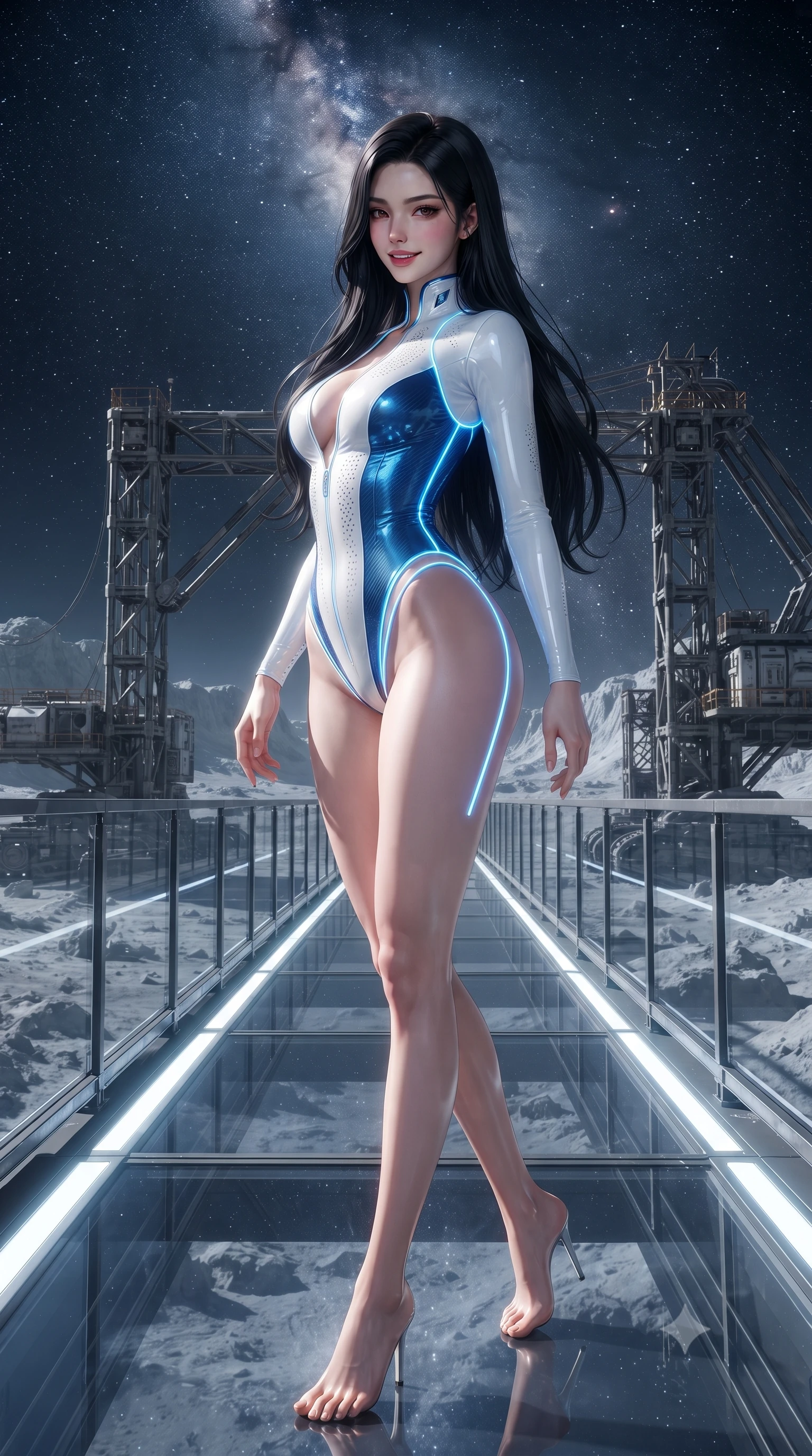 score_9, masterpiece, best quality, ultra-detailed, high-budget anime keyframe, editorial fashion photography, tasteful artistic composition, Korean woman. low angle full-body shot from head to toe showing her feet, filling the entire 9:16 vertical frame with her statuesque presence, stretching her vertical silhouette. walking slowly along the transparent glass skybridge, looking back over her shoulder with an air of effortless grace and an alluring, smoldering smile while standing on the open excavator gantry overlooking sulfur-crusted lunar plains under the Milky Way, arching her back with majestic poise. The surrounding environment is rendered in vivid detail and crisp panoramic clarity: detailed spacesuit fabric texture, cosmic highlights on helmet collar, and lunar mining rig architecture in razor-sharp clarity. She has an absolutely perfect, statuesque 8.5-heads proportion, an exceptionally tall and slender model-like female figure with impossibly long slender legs, an ultra-slim waist, a flat toned midriff, narrow delicate ribcage, and beautifully sculpted feminine hips creating a graceful, slim hourglass silhouette without any bulky heaviness. sharp v-shaped jawline, high-bridge nose, intricate jewel-like sparkling eyes with depth, thick eyelashes, glossy parted lips with a natural sheen, bright confident smile with an enchanting and coquettish sensual glint, exuding both youthful magnetic charm and sovereign high-tech allure, flawlessly proportioned anatomical accuracy, strict slender model proportions, natural body alignment, perfectly sculpted long slender limbs, ultra-slim waistline, clean dynamic posture without body distortion. wearing a glossy vinyl and carbon-fiber hybrid bodysuit with a plunging neckline and high-cut leg openings in arctic snowflake white and electric plasma blue, made of high-grade ballistic nylon with precision laser-cut perforations, accented with glowing neon fiber-optic piping tracing her spine and hip lines, the form-contouring cut accentuating her sculpted flat midriff, narrow delicate ribcage, and gracefully curvy hips with cybernetic supermodel precision. illuminated by ground reflections and sharp platinum rim lights defining her slim torso, narrow waist, and curvy hips. ultra-reflective glossy finish, specular highlights, rich textural contrasts, high-contrast stereoscopic depth, volumetric dynamic lighting, 2k, ultra detail, master piece, 9:16 ratio