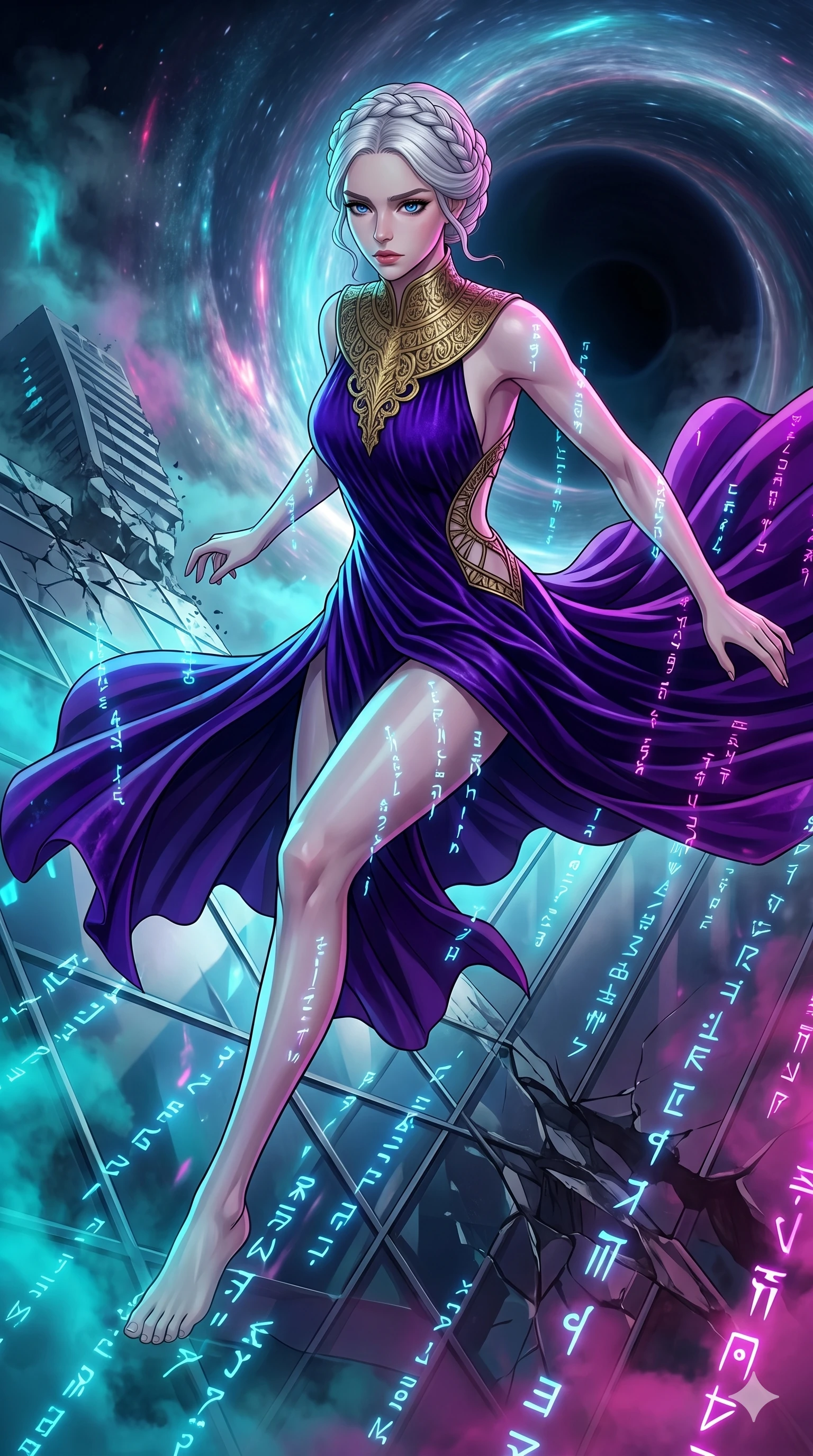 score_9, masterpiece, best quality, ultra-detailed, Set A: High-budget Anime Keyframe, Caucasian (human ears) woman. Upper body close-up from the thighs up, character filling the screen for maximum presence. Theme: Urban Decay. sliding down a glass skyscraper in the edge of a black hole, as a digital rain of 77 symbols washes over her. The atmosphere is filled with heavy smog with neon flares. She has an absolutely perfect 8-heads proportion, an exceptionally tall and slender female figure with impossibly long slender legs and an ultra-slim waist. Sharp v-shaped jawline, high-bridge nose, intricate jewel-like eyes with depth, glossy lips. Wearing Royal purple velvet gown with a massive gold-engraved neck-piece and open sides. Cinematic lighting, vivid colors, dramatic shadows, 2k, ultra detail, master piece, 9:16 ratio