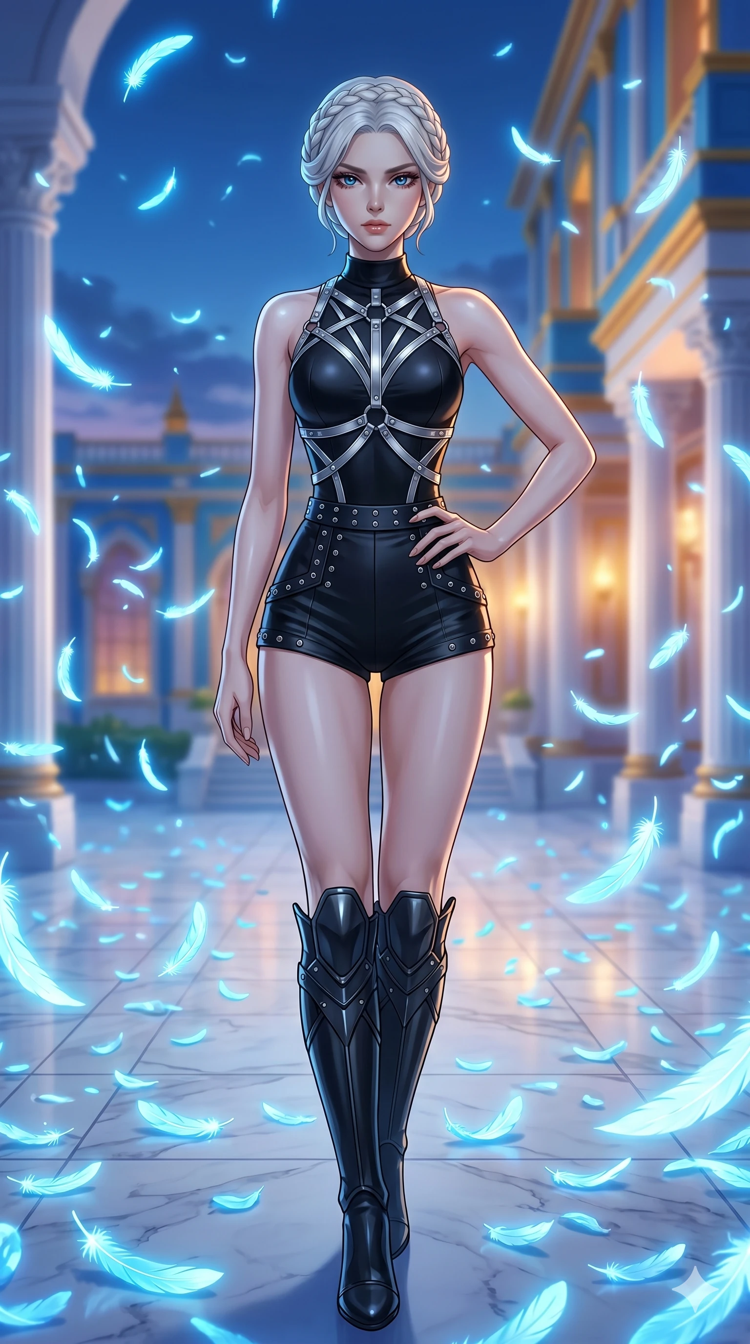 score_9, masterpiece, best quality, ultra-detailed, Set C: High-budget Anime Keyframe, Korean woman. Upper body close-up from the thighs up, character filling the screen for maximum presence. Standing in a blizzard of blue feathers in a white marble courtyard at dusk. She has an absolutely perfect 8-heads proportion, an exceptionally tall and slender female figure with an slender waist and mysterious gaze. Sharp v-shaped jawline, high-bridge nose, intricate jewel-like eyes with depth, thick eyelashes, glossy lips. Wearing a K-Idol Stage outfit: sleek bodysuit with a decorative harness and studded shorts. Background is a bright and colorful palace with white columns and thousands of glowing blue feathers. 2k, ultra detail, master piece, 9:16 ratio