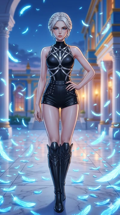 score_9, masterpiece, best quality, ultra-detailed, Set C: High-budget Anime Keyframe, Korean woman. Upper body close-up from the thighs up, character filling the screen for maximum presence. Standing in a blizzard of blue feathers in a white marble 
