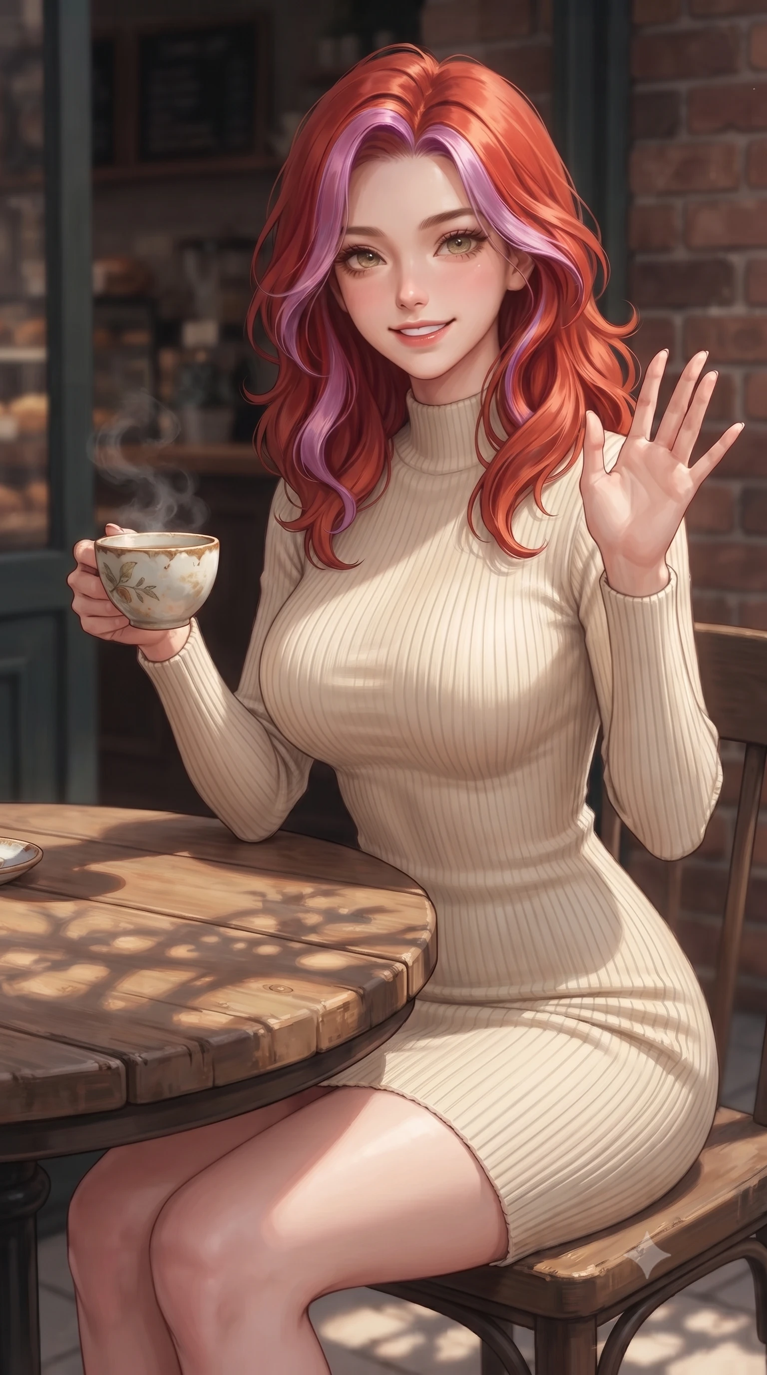 score_9, masterpiece, best quality, ultra-detailed, high-budget anime keyframe, editorial fashion photography, tasteful artistic composition, Caucasian woman. close-up cowboy shot from the waist and thighs up, the character dominates the composition, filling the frame with her large presence, background elements kept in soft focus. flashing a sweet, beaming smile while waving one hand gently toward the camera set against a soft-focus background of at a cozy outdoor terrace table of a brick-walled bakery cafe holding a delicate ceramic cup of herbal tea with steam rising gently. She has an exceptionally elegant, slender, and willowy female figure with an ultra-slim waist, a gracefully sculpted slender torso, and a refined silhouette. sharp v-shaped jawline, high-bridge nose, intricate jewel-like eyes with depth, thick eyelashes, glossy lips with a natural sheen. wearing form-contouring form-fitting ribbed knit dress in cream, contouring her slender silhouette. soft afternoon sunlight casting shadows of window panes on the wooden table. ultra-reflective glossy finish, specular highlights, metallic sheen, high-contrast stereoscopic depth, volumetric dynamic lighting, 2k, ultra detail, master piece, 9:16 ratio
