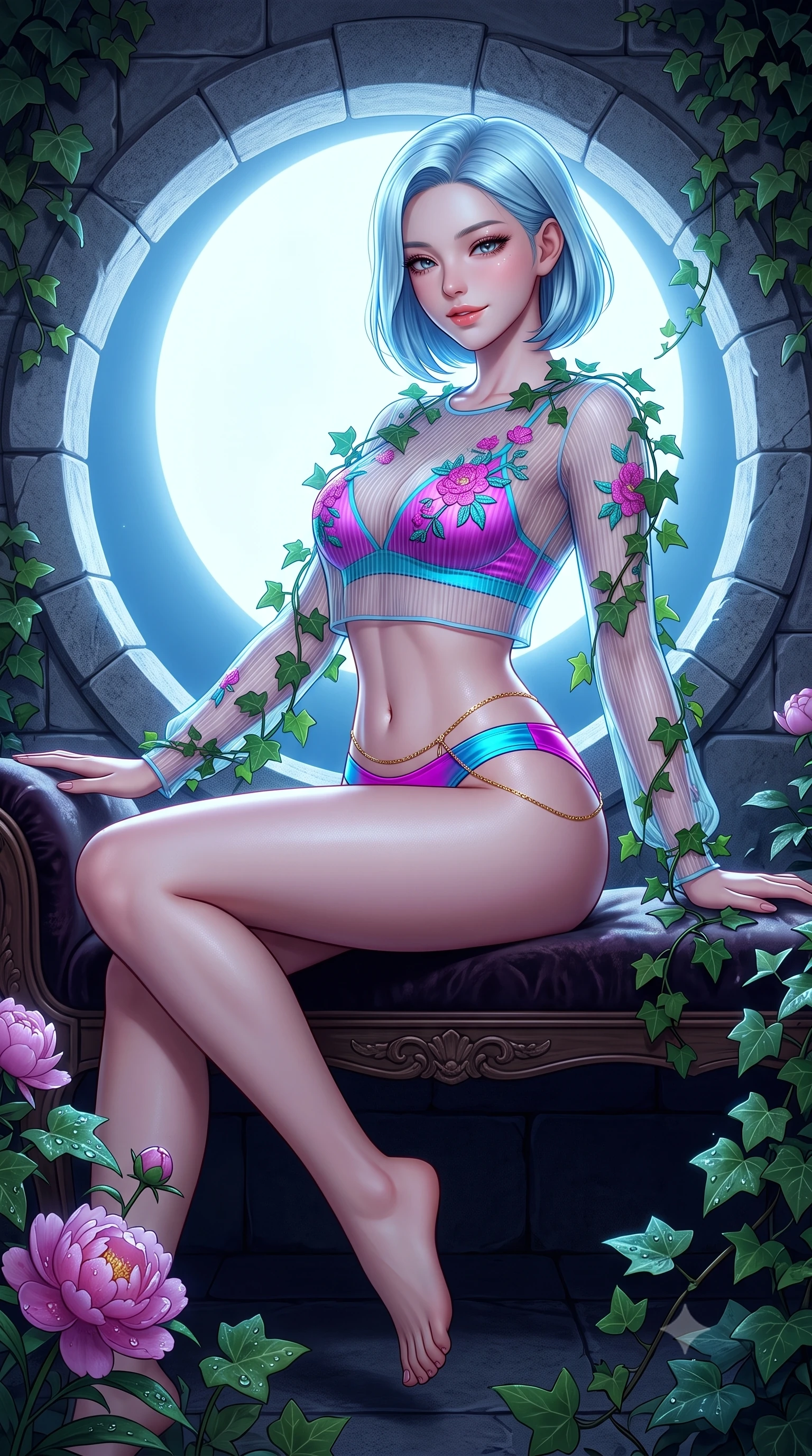 score_9, masterpiece, best quality, ultra-detailed, high-budget anime keyframe, semi-realistic 3D game render, editorial fashion photography, tasteful artistic composition, Korean woman. close-up cowboy shot from the waist and thighs up, the character dominates the composition, filling the frame with her large presence. perched sideways on the lounge seat, one knee drawn up to showcase her slender leg line while her arched back accentuates her feminine hip curve while framed within the circular stone moon gate, arching her spine with enchanting siren grace as ivy trails around her shoulders. The surrounding environment is rendered in vivid detail and crisp panoramic clarity: sharp cut-granite stone arch textures, wild peony petal dew droplets, and ivy leaf veins in deep focus. She has an exceptionally elegant, slender, and willowy female figure with an ultra-slim waist, flat toned midriff, narrow ribcage, and sculpted feminine hips creating an alluring, slim hourglass silhouette without bulk. sharp v-shaped jawline, high-bridge nose, sparkling eyes with hypnotic seductive depth, thick curled eyelashes, glossy parted lips with a natural dewy peach sheen, alluring bedroom-eyes with an enchanting coquettish smile, exuding magnetic siren charisma and sophisticated glamour, flawlessly proportioned anatomical accuracy, strict slender model proportions, natural body alignment, perfectly sculpted long slender limbs, ultra-slim waistline, clean dynamic posture without body distortion. wearing a provocative sheer illusion mesh jeogori with strategic embroidered silk flowers over a micro-bralette and satin briefs in electric 80s magenta and neon cyan with chrome highlights, tailored from fine ribbed modal knit with gentle elastic contouring and soft hand-feel, finished with a dainty gold belly chain resting across her flat midriff and curving hips, the form-contouring silhouette accentuating her sculpted flat midriff, narrow delicate ribcage, and gracefully curvy hips with intoxicating allure. bathed in pure lunar illumination streaming directly through the circular moon gate opening. highly saturated vibrant anime colors, detailed shading with soft gradients, rich glossy textures, high-contrast stereoscopic depth, volumetric dynamic lighting, master piece, 9:16 ratio