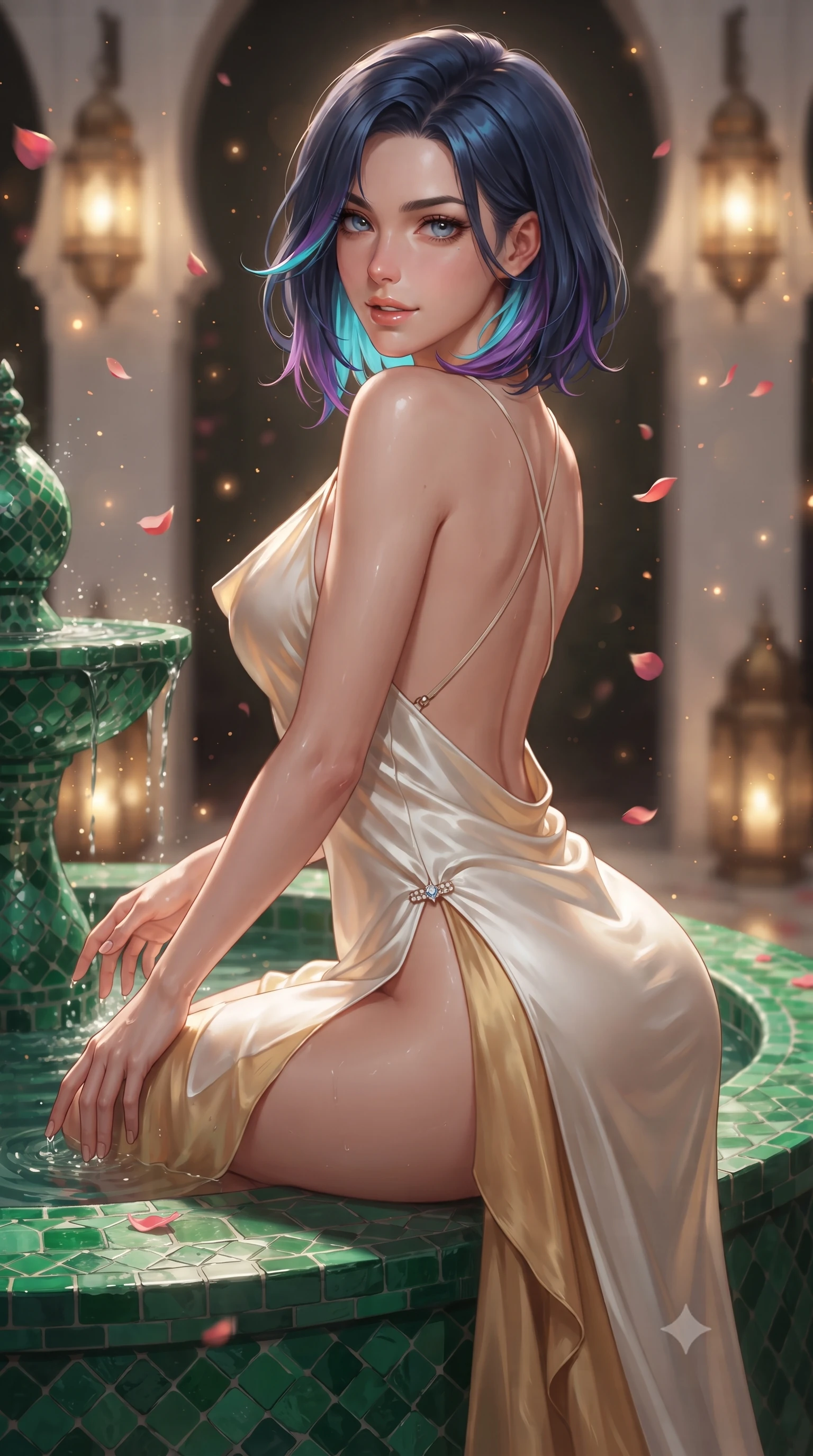 score_9, masterpiece, best quality, ultra-detailed, high-budget anime keyframe, editorial fashion photography, tasteful artistic composition, Caucasian woman. close-up cowboy shot from the waist and thighs up, the character dominates the composition, filling the frame with her large presence. turning over a bare shoulder with an intoxicating, teasing smile, her soft hair framing her sharp jawline as her hips angle gracefully while perching on the edge of an emerald mosaic fountain with hips tilted in an alluring contrapposto stance, running fingers through the cool water. The composition keeps background elements in soft focus with creamy bokeh. flickering brass lantern patterns and floating rose petals scattering warm radiant light motes. She has an exceptionally elegant, slender, and willowy female figure with an ultra-slim waist, flat toned midriff, narrow ribcage, and sculpted feminine hips creating an alluring, slim hourglass silhouette without bulk. sharp v-shaped jawline, high-bridge nose, intricate jewel-like eyes with depth, thick eyelashes, glossy parted lips with a natural sheen, intensely captivating and seductive bedroom-eyes expression, flawlessly proportioned anatomical accuracy, strict slender model proportions, natural body alignment, perfectly sculpted long slender limbs, ultra-slim waistline, clean dynamic posture without body distortion. wearing a backless cowl-neck satin slip dress featuring high-cut side hip slits and delicate criss-cross back straps in pure alabaster white and sun-kissed gold, woven from layered gossamer chiffon with a weightless sweeping drape, finished with an ultra-high side slit secured by miniature jeweled clasps, the liquid-tight tailored fabric clinging flawlessly to her narrow waist and rounded feminine hips, emphasizing every millimeter of her sculpted slim hourglass curves without any bulky heaviness. surrounded by an exotic, sovereign, and deeply enchanting Moroccan oasis muse aura. ultra-reflective glossy finish, specular highlights, rich textural contrasts, high-contrast stereoscopic depth, volumetric dynamic lighting, 2k, ultra detail, master piece, 9:16 ratio