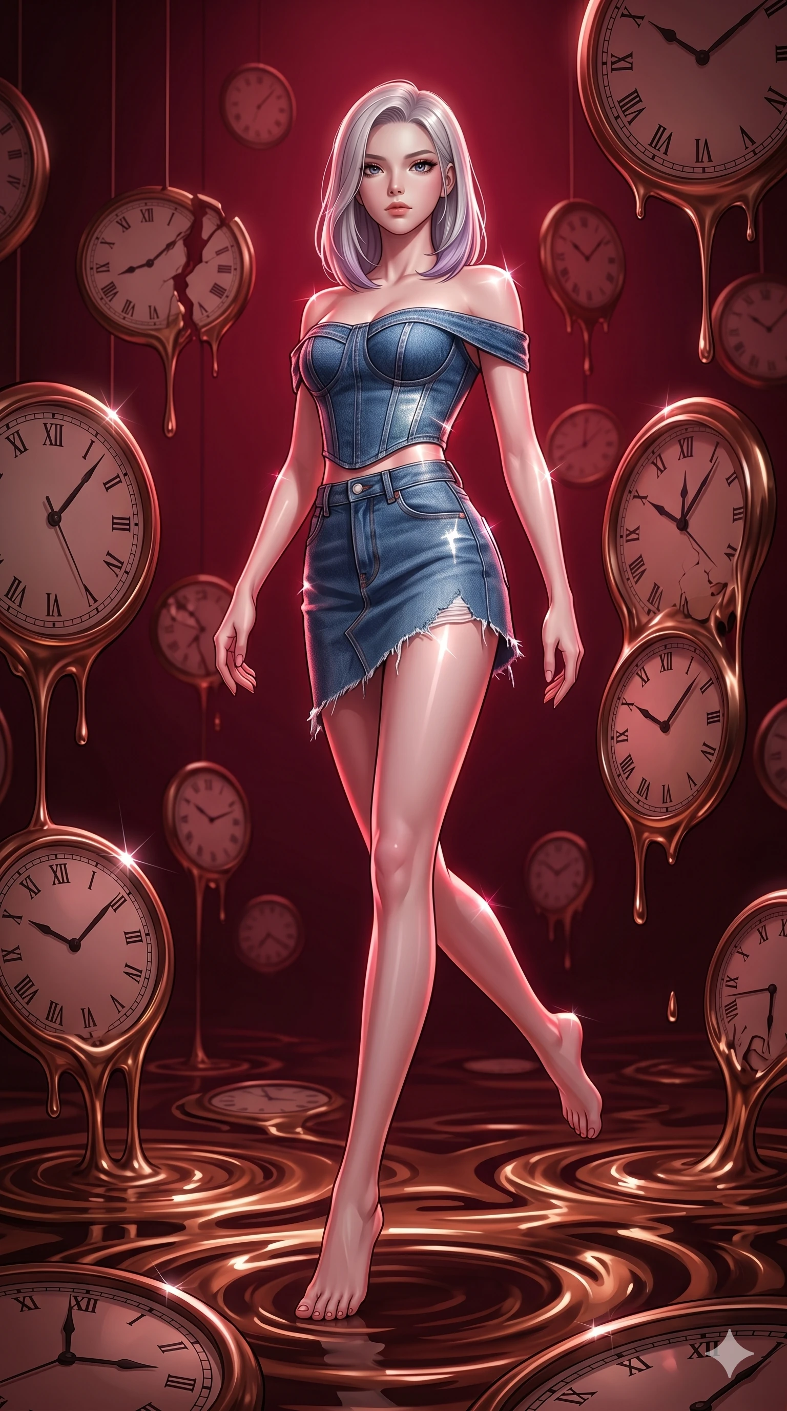 score_9, masterpiece, best quality, ultra-detailed, high-budget anime keyframe, editorial fashion photography, tasteful artistic composition, Caucasian woman, strictly human ears. low angle full-body shot from head to toe showing her feet, filling the entire 9:16 vertical frame with her statuesque presence, stretching her vertical silhouette. Executing a dynamic turning step with one leg extended behind within a temporal vault where clocks float in mid-air and melt into pools of bronze. She has an absolutely perfect 8-heads proportion, an exceptionally tall and slender female figure with impossibly long slender legs and an ultra-slim waist. V-shaped jawline, high-bridge nose, intricate jewel-like eyes with depth, thick eyelashes, glossy lips with a natural sheen. wearing an off-shoulder corset top made from repurposed blue denim, paired with a matching high-waist asymmetric denim mini-skirt with distressed hem. drenched in deep crimson theatrical lighting with sharp specular highlights on every curve. 2k, ultra detail, master piece, 9:16 ratio