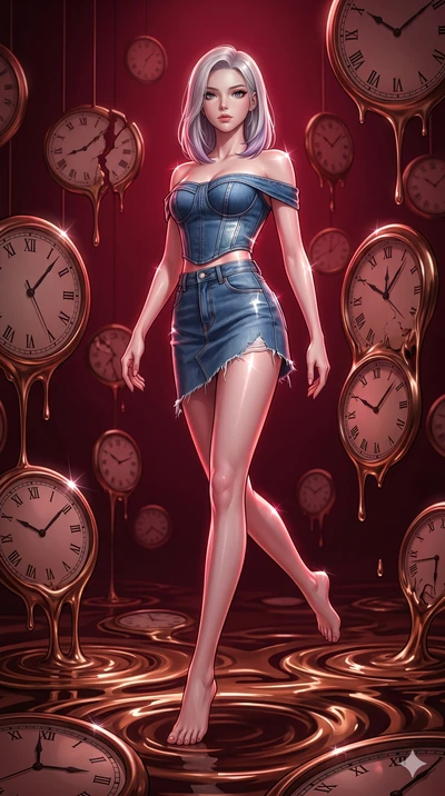score_9, masterpiece, best quality, ultra-detailed, high-budget anime keyframe, editorial fashion photography, tasteful artistic composition, Caucasian woman, strictly human ears. low angle full-body shot from head to toe showing her feet, filling th
