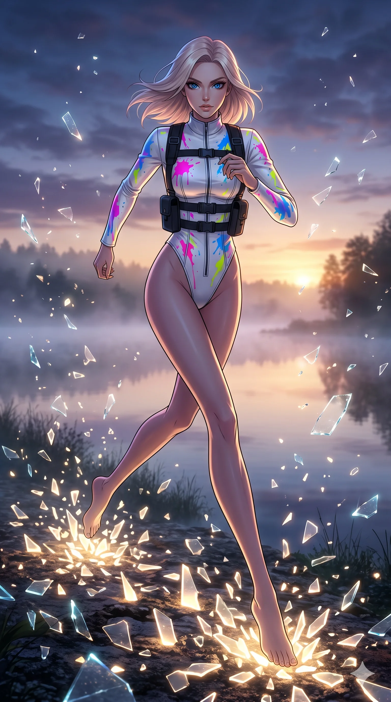 score_9, masterpiece, best quality, ultra-detailed, Set A: High-budget Anime Keyframe, Caucasian (strictly human ears) woman. Low angle cowboy shot filling the entire 9:16 frame with her statuesque presence. Sprinting through a misty lakeside at dawn, as the ground beneath her turns into 161 shards of light and surrounded by shattered glass fragments. She has an absolutely perfect 8-heads proportion, an exceptionally tall and slender female figure with impossibly long slender legs and an ultra-slim waist. Sharp v-shaped jawline, high-bridge nose, intricate jewel-like eyes with depth, thick eyelashes, glossy lips with a natural sheen. Wearing Neon-splattered white leather suit with high-cut legs and tactical harness. Cinematic lighting, vibrant colors, dramatic shadows, 2k, ultra detail, master piece, 9:16 ratio