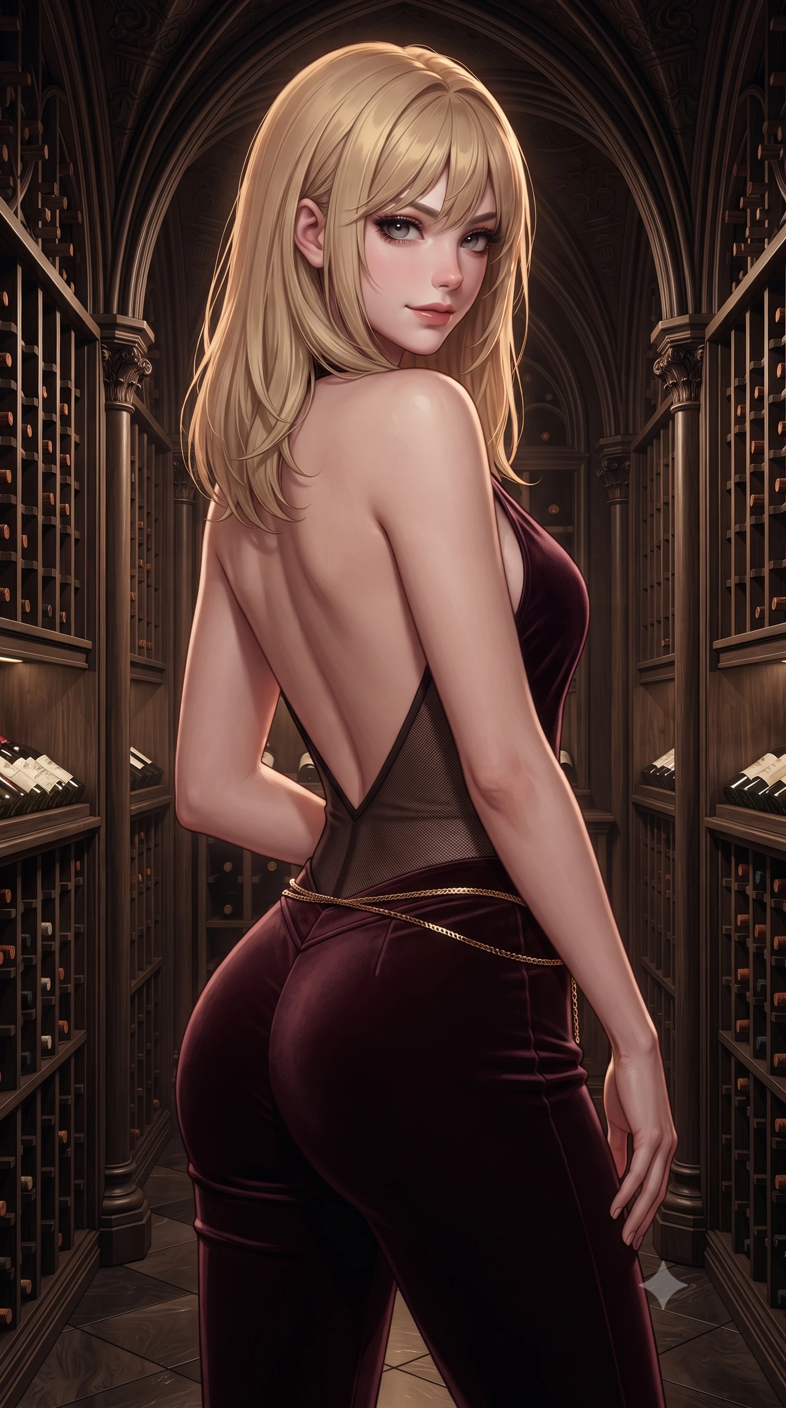 score_9, masterpiece, best quality, ultra-detailed, high-budget anime keyframe, editorial fashion photography, tasteful artistic composition, Japanese woman. close-up cowboy shot from the waist and thighs up, the character dominates the composition, filling the frame with her large presence. posing in an alluring rear three-quarter angle, turning over a bare shoulder with an intoxicating, smoldering gaze, her hips cocked back to highlight her slim hourglass curve while standing poised between floor-to-ceiling vintage oak wine racks, twisting her slender torso in an alluring contrapposto stance with a dangerous half-smile. The surrounding environment is rendered in vivid detail and crisp panoramic clarity. detailed fabric texture, crystal tumbler reflections, and gothic cellar vault architecture in high resolution. She has an exceptionally elegant, slender, and willowy female figure with an ultra-slim waist, flat toned midriff, narrow ribcage, and sculpted feminine hips creating an alluring, slim hourglass silhouette without bulk. sharp v-shaped jawline, high-bridge nose, intricate jewel-like dark sparkling eyes with dangerous depth, thick curled eyelashes, glossy parted lips with a rich wine sheen, smoldering seductive half-smile with bedroom-eyes, exuding effortless superiority and intoxicating dark allure, flawlessly proportioned anatomical accuracy, strict slender model proportions, natural body alignment, perfectly sculpted long slender limbs, ultra-slim waistline, clean dynamic posture without body distortion. wearing a second-skin dark burgundy stretch-velvet jumpsuit with a plunging neckline and open back in pure obsidian monochrome with subtle metallic sheen, made of semi-opaque dark contouring mesh clinging like a second skin, finished with a delicate gold snake chain belt resting loosely across her curvy hips, the form-fitting cut adhering flawlessly to her sculpted flat midriff and slender torso, emphasizing her long leg lines and perfectly proportioned willowy build. illuminated by focused amber key light and dark bronze rim light carving her razor-sharp jawline, narrow waist, and curvy hips. ultra-reflective glossy finish, specular highlights, rich textural contrasts, high-contrast stereoscopic depth, volumetric dynamic lighting, 2k, ultra detail, master piece, 9:16 ratio