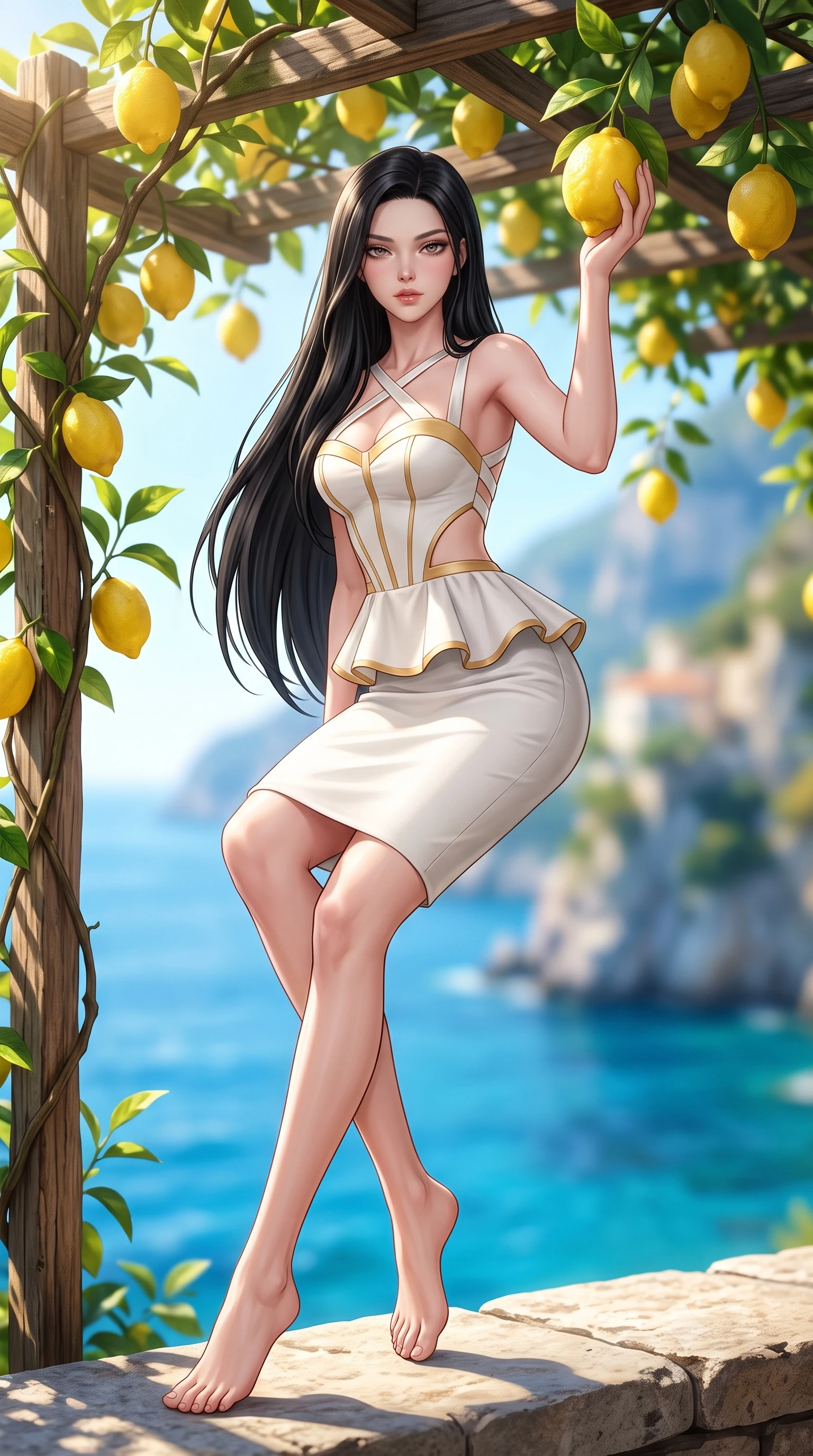 score_9, masterpiece, best quality, ultra-detailed, high-budget anime keyframe, semi-realistic 3D game render, editorial fashion photography, tasteful artistic composition, Korean woman. low angle full-body shot from head to toe showing her feet, filling the entire 9:16 vertical frame with her statuesque presence, stretching her vertical silhouette. sitting perched on the elevated edge with hips angled toward the camera and legs crossed, displaying her toned midriff and flawlessly sculpted slender limbs while reaching up with one hand to touch a ripe yellow lemon hanging from the rustic wooden pergola, arching her back to accentuate her curvaceous hips and toned waist. The composition keeps background elements in soft focus with creamy bokeh. sun-drenched cobalt Mediterranean sea and dramatic Amalfi limestone cliffs blurred into radiant sapphire, turquoise, and lemon-yellow bokeh. She has an exceptionally tall and slender model-like 8.5-heads proportion, an ultra-slim waist, a flat toned midriff, narrow delicate ribcage, and beautifully sculpted feminine hips creating a graceful, slim hourglass silhouette without any bulky heaviness, with impossibly long slender legs. sharp v-shaped jawline, high-bridge nose, intricate jewel-like eyes with depth, thick eyelashes, glossy parted lips with a natural sheen, intensely captivating and seductive bedroom-eyes expression, flawlessly proportioned anatomical accuracy, strict slender model proportions, natural body alignment, perfectly sculpted long slender limbs, ultra-slim waistline, clean dynamic posture without body distortion. wearing a modern peplum corset dress with side-waist diamond cutouts and an ultra-tight silhouette in pure alabaster white and sun-kissed gold, tailored from water-resistant treated wool gabardine and flexible stretch silk, finished with criss-cross back satin straps highlighting her graceful shoulder blades, the form-contouring material adhering flawlessly to her sculpted flat midriff and slender torso, emphasizing her long leg lines and perfectly proportioned willowy build. bathed in brilliant Mediterranean golden hour sunlight dappled through lush lemon tree leaves. highly saturated vibrant anime colors, detailed shading with soft gradients, rich glossy textures, high-contrast stereoscopic depth, volumetric dynamic lighting, master piece, 9:16 ratio