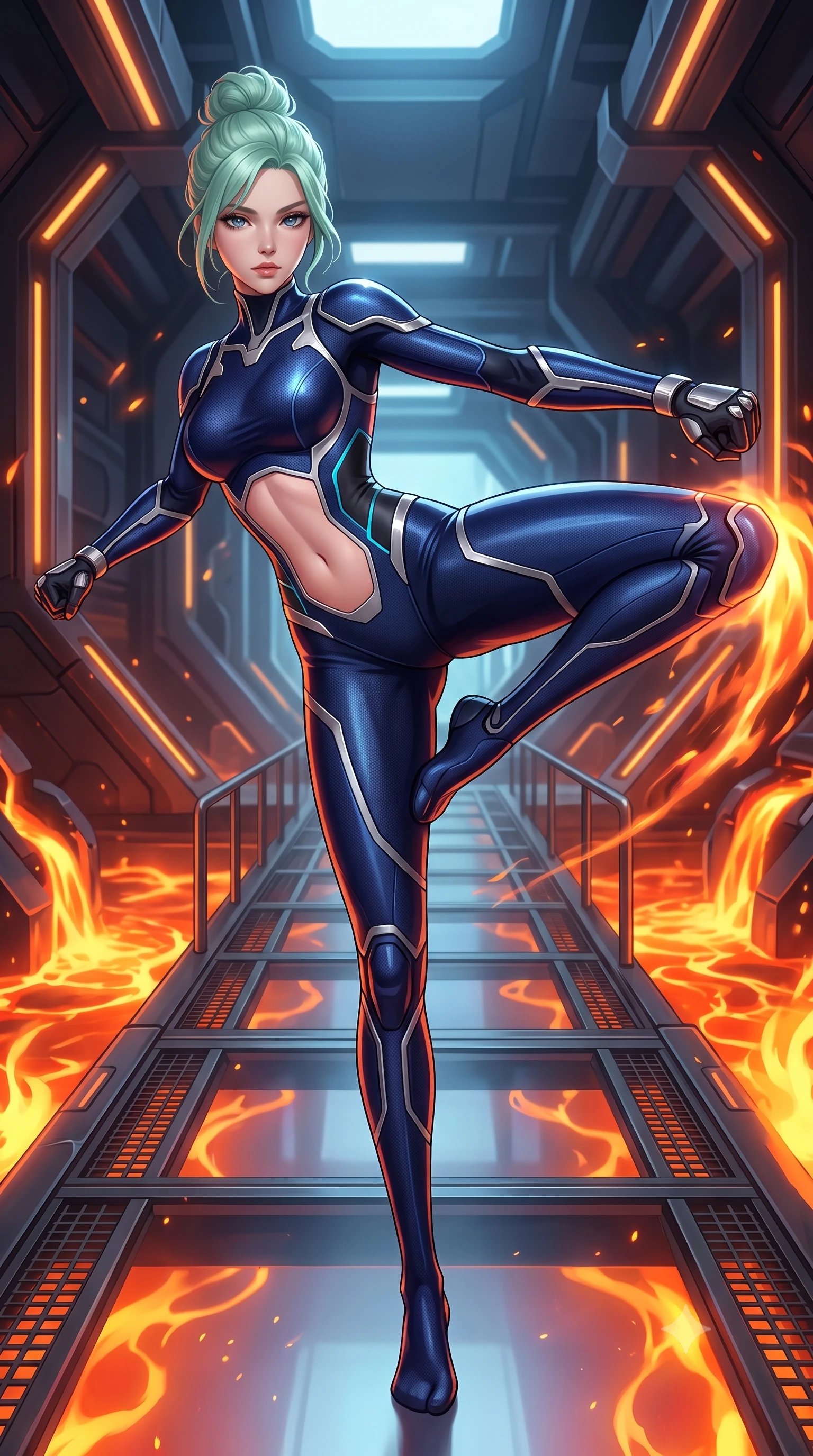 score_9, masterpiece, best quality, ultra-detailed, high-budget anime keyframe, semi-realistic 3D game render, editorial fashion photography, tasteful artistic composition, Japanese woman. low angle full-body shot from head to toe showing her feet, filling the entire 9:16 vertical frame with her statuesque presence, stretching her vertical silhouette. pivoting dynamically in a high-speed low sweep kick along the reflective floor, her athletic torso and ultra-slim waist twisting in a fluid arc of power while executing a high-speed rotational low sweep kick along a steel catwalk suspended above rivers of glowing geothermal magma. The surrounding environment is rendered in vivid detail and crisp panoramic clarity. sharp heat-resistant carbon armor plate seams, glowing amber joint LED channels, and iron grating in deep focus. She has an absolutely perfect, statuesque 8.5-heads proportion, an exceptionally tall and slender model-like female figure with impossibly long slender legs, a toned flat midriff, and an ultra-slim waist. sharp v-shaped jawline, high-bridge nose, intricate jewel-like eyes with depth, thick eyelashes, glossy lips with a natural sheen, flawlessly proportioned anatomical accuracy, strict slender model proportions, natural body alignment, perfectly sculpted long slender limbs, ultra-slim waistline, clean dynamic posture without body distortion. wearing a statuesque midnight cobalt carbon-fiber battle-suit with platinum trim, reinforced kinetic palm plates, and an ultra-slim waistline in matte obsidian carbon black with electric cyan conduits, made of liquid carbon-jersey fabric adhering flawlessly to her sculpted silhouette, finished with high-mobility flexible limb seams and miniature magnetic armor locks, the precision-cut daring openings accentuating her delicate midriff, graceful bare collarbones, and ultra-slim feminine waistline. surrounded by an elemental, fierce, and irresistibly powerful cyber-valkyrie of flame aura. rich saturated anime colors with glowing neon highlights, detailed shading with soft gradients, rich glossy textures, high-contrast stereoscopic depth, volumetric dynamic lighting, master piece, 9:16 ratio