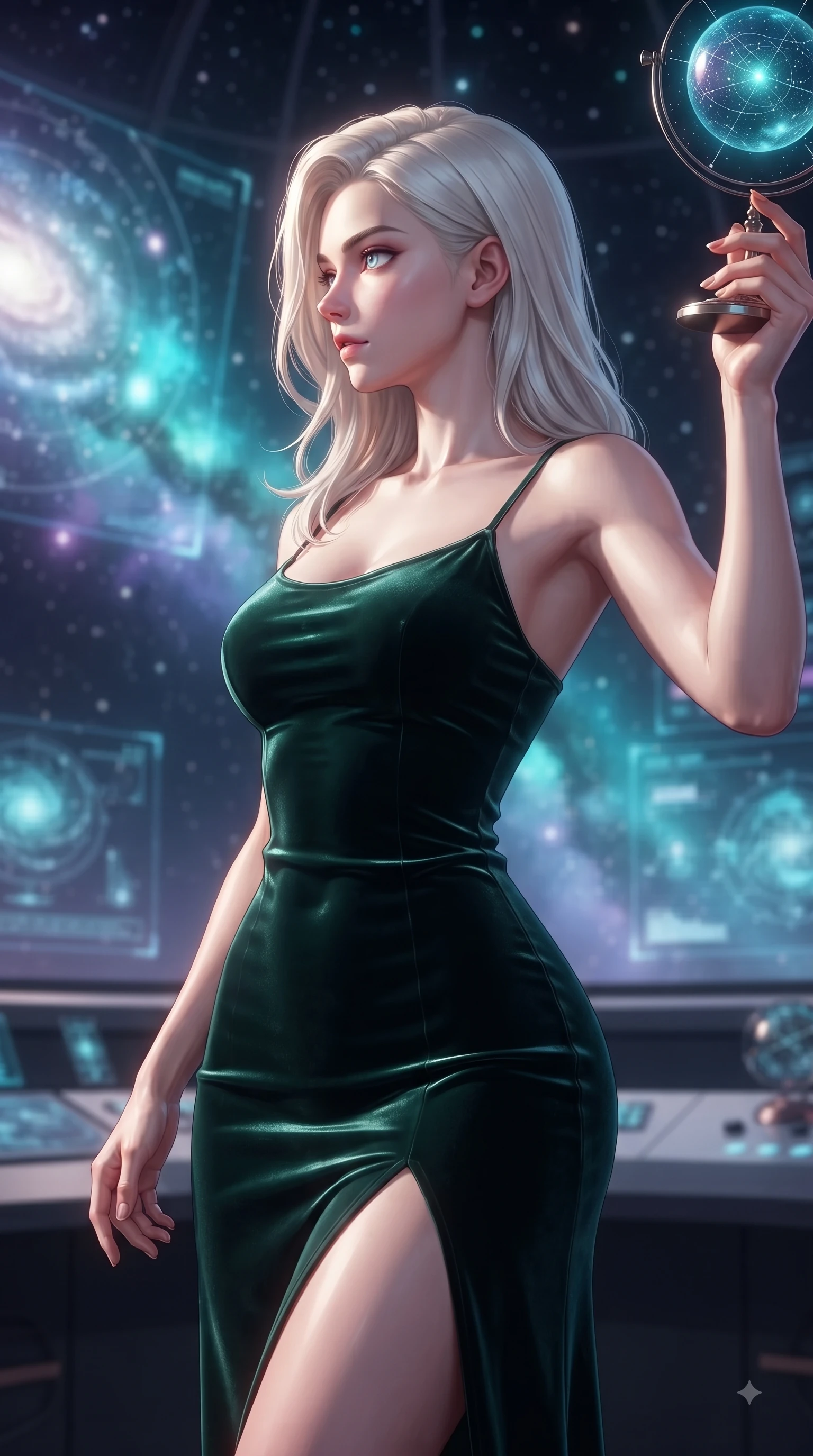 score_9, masterpiece, best quality, ultra-detailed, high-budget anime keyframe, editorial fashion photography, tasteful artistic composition, Caucasian woman woman. close-up cowboy shot from the waist and thighs up, the character dominates the composition, filling the frame with her large presence, background elements kept in soft focus. She has an exceptionally elegant, slender, and willowy female figure with an ultra-slim waist, a gracefully sculpted slender torso, and a refined silhouette. turning her head in a sharp dramatic profile against the key light, her eyes glowing with calm focus, flawlessly proportioned anatomical accuracy, natural body alignment, perfectly sculpted elegant limbs, clean dynamic posture without body distortion. set against a soft-focus background of a panoramic star observatory deck with floating galaxy maps. wearing a fitted dark emerald velvet slip dress with a smooth liquid sheen and delicate straps. bathed in starlight and cosmic turquoise nebula glow wrapping her athletic build. ultra-reflective glossy finish, specular highlights, metallic sheen, high-contrast stereoscopic depth, volumetric dynamic lighting, 2k, ultra detail, master piece, 9:16 ratio