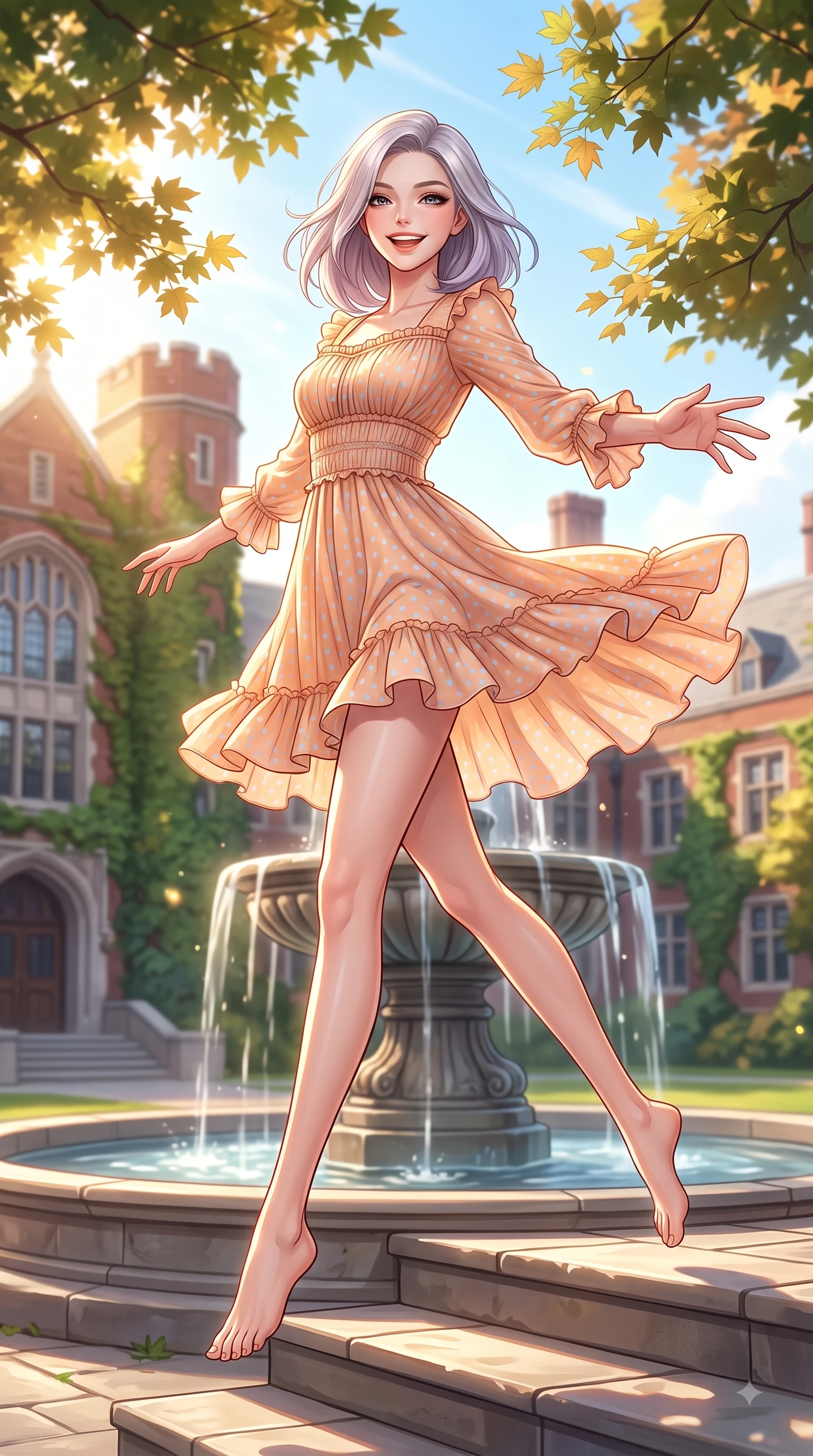 score_9, masterpiece, best quality, ultra-detailed, high-budget anime keyframe, editorial fashion photography, tasteful artistic composition, Caucasian woman. low angle full-body shot from head to toe showing her feet, filling the entire 9:16 vertical frame with her statuesque presence, stretching her vertical silhouette. leaping with pure youthful energy through the scene with a radiant bright smile, her long slender legs balanced gracefully while reaching out cheerfully with a bright smile near a grand stone fountain on the college quad. The composition keeps background elements in soft focus with dreamy bokeh. ivy-covered red-brick academic halls and sunlit maple canopies blurring into soft green and gold bokeh. She has an absolutely perfect, statuesque 8.5-heads proportion, an exceptionally tall and slender model-like female figure with impossibly long slender legs and an ultra-slim waist. sharp v-shaped jawline, high-bridge nose, intricate jewel-like eyes with depth, thick eyelashes, glossy lips with a natural sheen, flawlessly proportioned anatomical accuracy, natural body alignment, perfectly sculpted elegant limbs, clean dynamic posture without body distortion. wearing a bright apricot ruffled sundress with a subtle polka-dot pattern in baby blue and cloud white, made of fine lightweight chiffon that flutters gently in the breeze, accented with soft smocked details and fluttery cuffs, the tailored casual silhouette highlighting her fresh and youthful presence. illuminated by warm golden sunbursts and bright clear sky refractions. highly saturated vibrant anime colors, detailed shading with soft gradients, rich glossy textures, high-contrast stereoscopic depth, volumetric dynamic lighting, master piece, 9:16 ratio