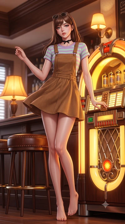 score_9, masterpiece, best quality, ultra-detailed, high-budget anime keyframe, semi-realistic 3D game render, editorial fashion photography, tasteful artistic composition, Korean woman. low angle full-body shot from head to toe showing her feet, fil