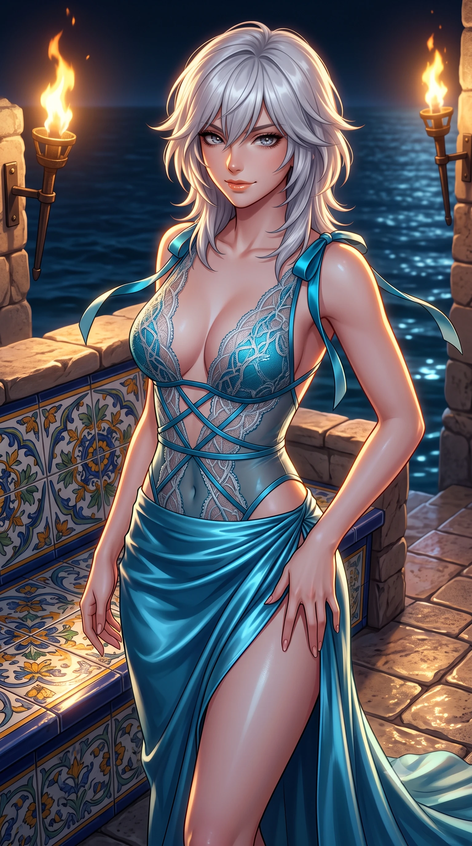 score_9, masterpiece, best quality, ultra-detailed, high-budget anime keyframe, semi-realistic 3D game render, editorial fashion photography, tasteful artistic composition, Japanese woman. close-up cowboy shot from the waist and thighs up, the character dominates the composition, filling the frame with her large presence. tilting her head with a teasing half-smile, running one hand slowly down the side of her hip in a flirtatious S-curve as ambient light caresses her silhouette while standing poised on the cantilevered sea terrace beside the hand-painted ceramic tiled bench, arching her spine with siren elegance as oil torches flicker against the dark water. The surrounding environment is rendered in vivid detail and crisp panoramic clarity: sharp glazed ceramic tile Mediterranean floral motifs, hand-forged torch brackets, and limestone paving relief in deep focus. She has an exceptionally elegant, slender, and willowy female figure with an ultra-slim waist, flat toned midriff, narrow ribcage, and sculpted feminine hips creating an alluring, slim hourglass silhouette without bulk. sharp v-shaped jawline, high-bridge nose, intricate jewel-like sparkling eyes with depth, thick eyelashes, glossy parted lips with a natural peach sheen, bright cheerful beaming smile with an enchanting and coquettish sensual glint, exuding both youthful cute charm and seductive allure, flawlessly proportioned anatomical accuracy, strict slender model proportions, natural body alignment, perfectly sculpted long slender limbs, ultra-slim waistline, clean dynamic posture without body distortion. wearing an ultra-daring sheer macramé lace bodysuit with deep plunge neckline and criss-cross strappy torso details in Capri Grotta cyan and radiant moonlit silver, crafted from fluid liquid silk satin that clings smoothly to her narrow waist and rounded hips with a dewy sheen, finished with satin ribbon ties at the shoulders fluttering in the gentle breeze, the high-slit wrap tailoring accentuating her ultra-slim waistline and the enchanting curve of her feminine hips with alluring seductive charm. illuminated by terrace tile reflection bounce and sharp flame-gold rim lights sculpting her razor-sharp jawline, narrow waist, and curvy hips. highly saturated vibrant anime colors, detailed shading with soft gradients, rich glossy textures, high-contrast stereoscopic depth, volumetric dynamic lighting, master piece, 9:16 ratio