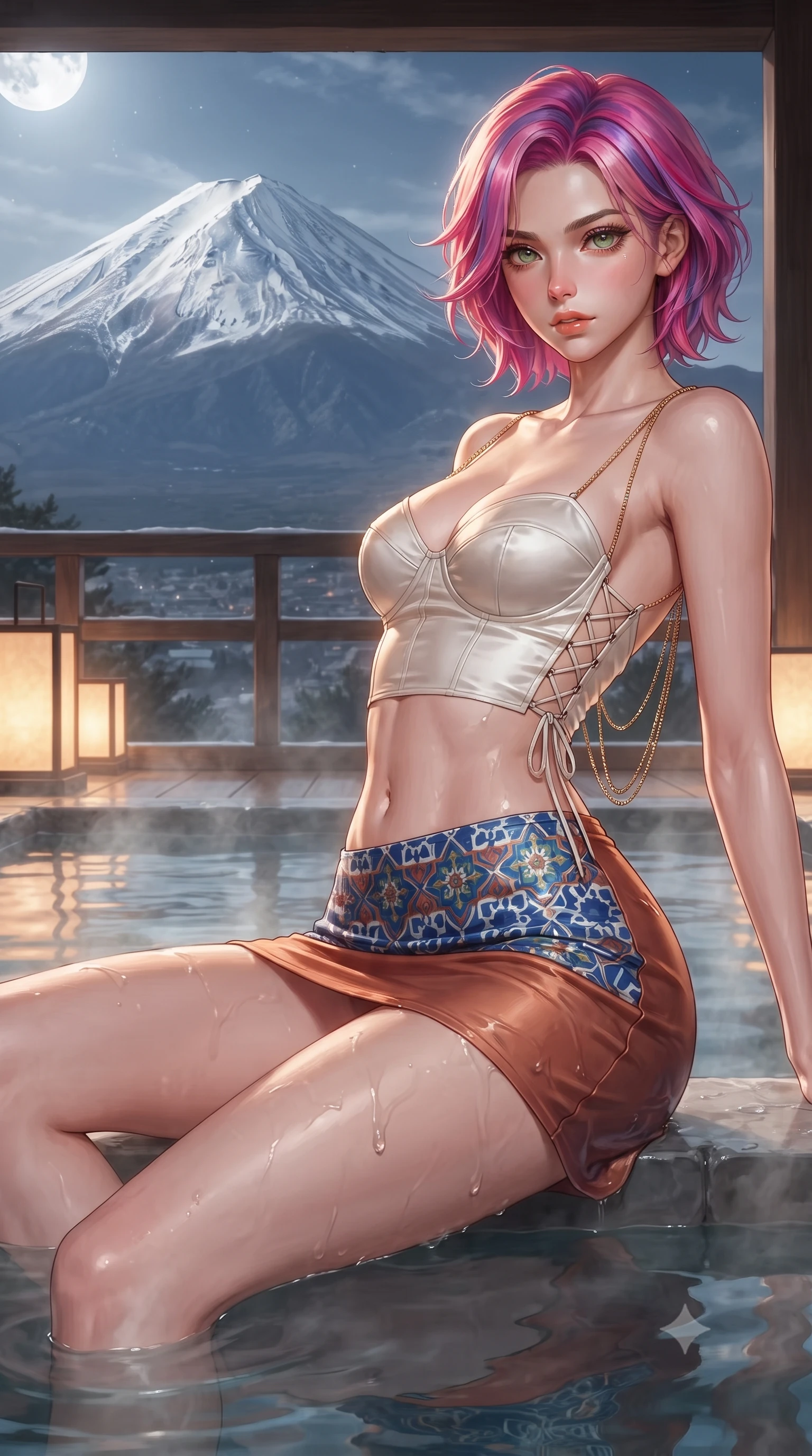 score_9, masterpiece, best quality, ultra-detailed, high-budget anime keyframe, editorial fashion photography, tasteful artistic composition, Caucasian woman. close-up cowboy shot from the waist and thighs up, the character dominates the composition, filling the frame with her large presence. leaning forward while arching her lower back to accentuate her curvy hips, looking into the camera with an intoxicating smoldering gaze and bedroom-eyes while lounging in the steaming onsen bath with water lapping at her waist and legs extended, displaying her long slender limbs and statuesque hourglass silhouette against Fuji-san. The surrounding environment is rendered in vivid detail and crisp panoramic clarity: detailed garment lines, wet cling or bodycon fit, and artisanal Japanese woodwork in razor-sharp precision. She has an exceptionally elegant, slender, and willowy female figure with an ultra-slim waist, flat toned midriff, narrow ribcage, and sculpted feminine hips creating an alluring, slim hourglass silhouette without bulk. sharp v-shaped jawline, high-bridge nose, intricate jewel-like sparkling eyes with depth, thick eyelashes, glossy parted lips with a natural peach sheen, bright cheerful beaming smile with an enchanting and coquettish sensual glint, exuding both youthful cute charm and seductive allure, flawlessly proportioned anatomical accuracy, strict slender model proportions, natural body alignment, perfectly sculpted long slender limbs, ultra-slim waistline, clean dynamic posture without body distortion. wearing a sculpted satin underwire crop bustier with lace-up side ties paired with a micro skirt in Andalusian Alhambra azulejo cobalt and warm terracotta copper, made of fluid liquid jersey with seamless sculpting hold and smooth contours, accented with an open-back drape framed by falling strands of delicate gold chains, the form-contouring silhouette accentuating her sculpted flat midriff, narrow delicate ribcage, and gracefully curvy hips with intoxicating allure. bathed in the warm 2500K glow of Japanese washi paper floor lanterns mixed with crisp silver moonlight on Mount Fuji's snows. ultra-reflective glossy finish, specular highlights, rich textural contrasts, high-contrast stereoscopic depth, volumetric dynamic lighting, 2k, ultra detail, master piece, 9:16 ratio