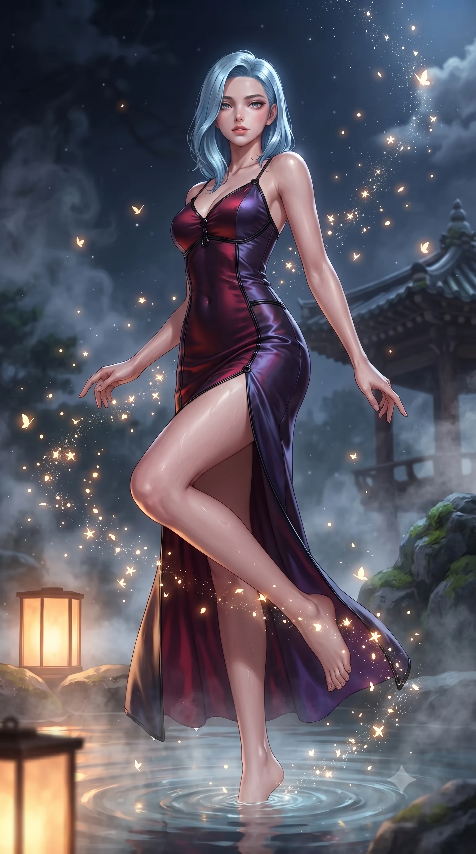 score_9, masterpiece, best quality, ultra-detailed, high-budget anime keyframe, editorial fashion photography, tasteful artistic composition, Korean woman. low angle full-body shot from head to toe showing her feet, filling the entire 9:16 vertical frame with her statuesque presence, stretching her vertical silhouette. interacting with glowing light particles, her long slender legs poised in motion, immersed to the waist in steaming mineral waters as night mist swirls around, sensual oriental luxury aesthetic with quiet magnetic charm. She has an absolutely perfect, statuesque 8.5-heads proportion, an exceptionally tall and slender model-like female figure with impossibly long slender legs and an ultra-slim waist. sharp v-shaped jawline, high-bridge nose, intricate jewel-like eyes with depth, thick eyelashes, glossy lips with a natural sheen. wearing form-contouring dark crimson liquid silk long slip dress in pearl white, made of iridescent dark violet taffeta, adorned with minimalist black onyx hardware framing the silhouette, following her slender form with tailored precision. illuminated by warm amber lantern glow and cold silver moonlight contrast. highly saturated vibrant anime colors, detailed shading with soft gradients, rich glossy textures, high-contrast stereoscopic depth, volumetric dynamic lighting, master piece, 9:16 ratio
