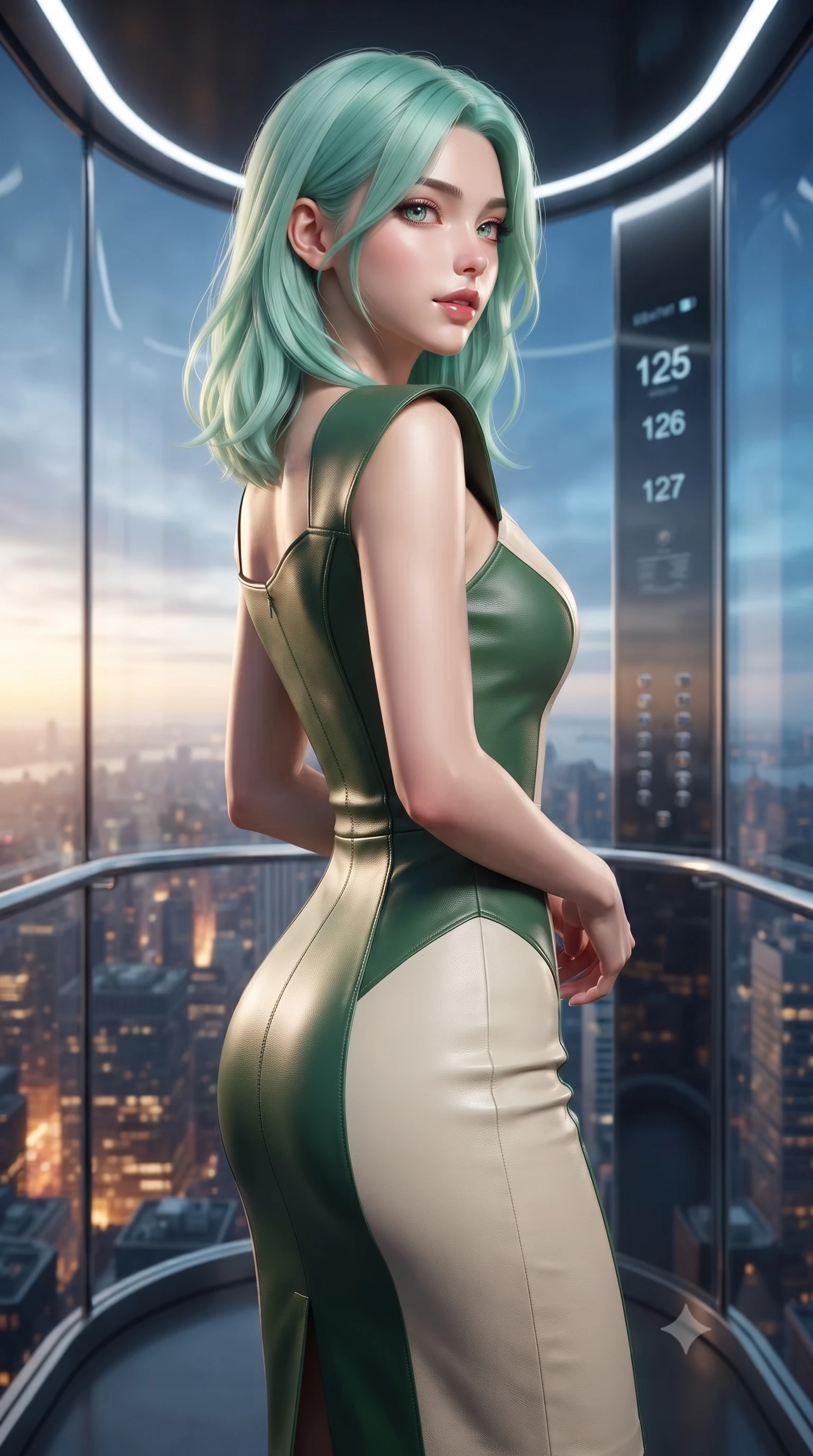 score_9, masterpiece, best quality, ultra-detailed, high-budget anime keyframe, editorial fashion photography, tasteful artistic composition, Japanese woman. close-up cowboy shot from the waist and thighs up, the character dominates the composition, filling the frame with her large presence, background elements kept in soft focus. Glancing sidelong over her shoulder with a smoldering half-smile. set against a soft-focus background of inside a transparent crystal elevator ascending through a building of impossible height with the entire cityscape unfolding below like a growing miniature model floor numbers counting into the hundreds. She has an exceptionally elegant and slender, willowy female figure with an ultra-slim waist, a gracefully sculpted slender torso, and a refined slim physique. sharp v-shaped jawline, high-bridge nose, intricate jewel-like eyes with depth, thick eyelashes, glossy lips with a natural sheen. wearing a fitted pencil dress in color-blocked forest green and cream leather, contouring her athletic, slender build. the elevator interior lit by subtle LED strips while the panoramic city outside provides dynamic changing light from golden at ground level to cool blue at cloud height. 2k, ultra detail, master piece, 9:16 ratio