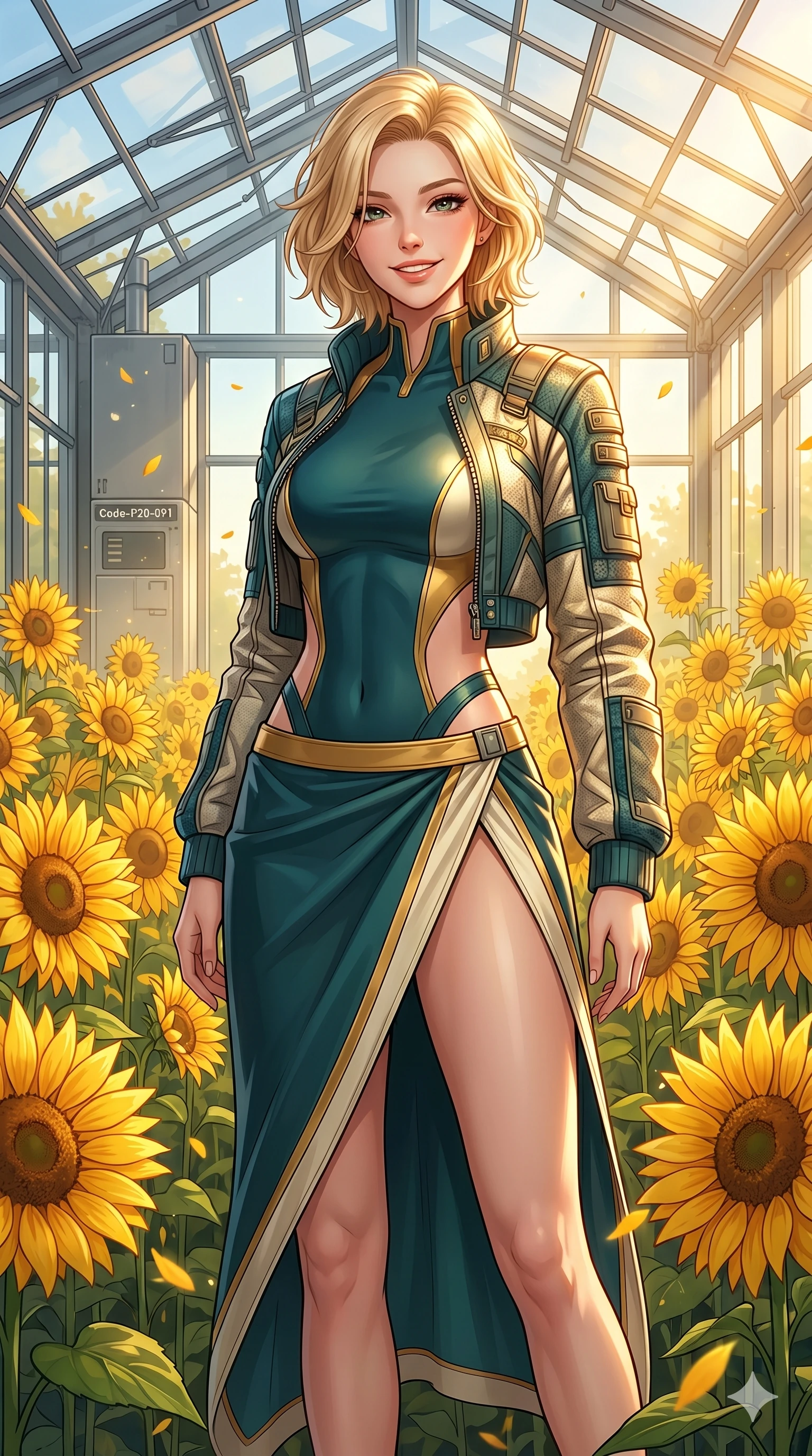 score_9, masterpiece, best quality, ultra-detailed, high-budget anime keyframe, vibrant anime aesthetic, Caucasian woman, strictly human ears. cowboy shot from the thighs up, character and outfit filling the frame for maximum presence. She is standing proud and tall, her face lit by a warm, lively smile of confidence inside a modern greenhouse filled with sunflowers (Code-P20-091). She has an absolutely perfect 8-heads proportion, an exceptionally tall and slender female figure with impossibly long slender legs and an ultra-slim waist. V-shaped jawline, high-bridge nose, intricate jewel-like eyes with depth, thick eyelashes, glossy lips with a natural sheen. wearing a neoprene bodysuit with side cut-outs and high-slit wrap. She is illuminated by warm, golden sun rays highlighting the textures of her designer jacket. 2k, ultra detail, master piece, 9:16 ratio