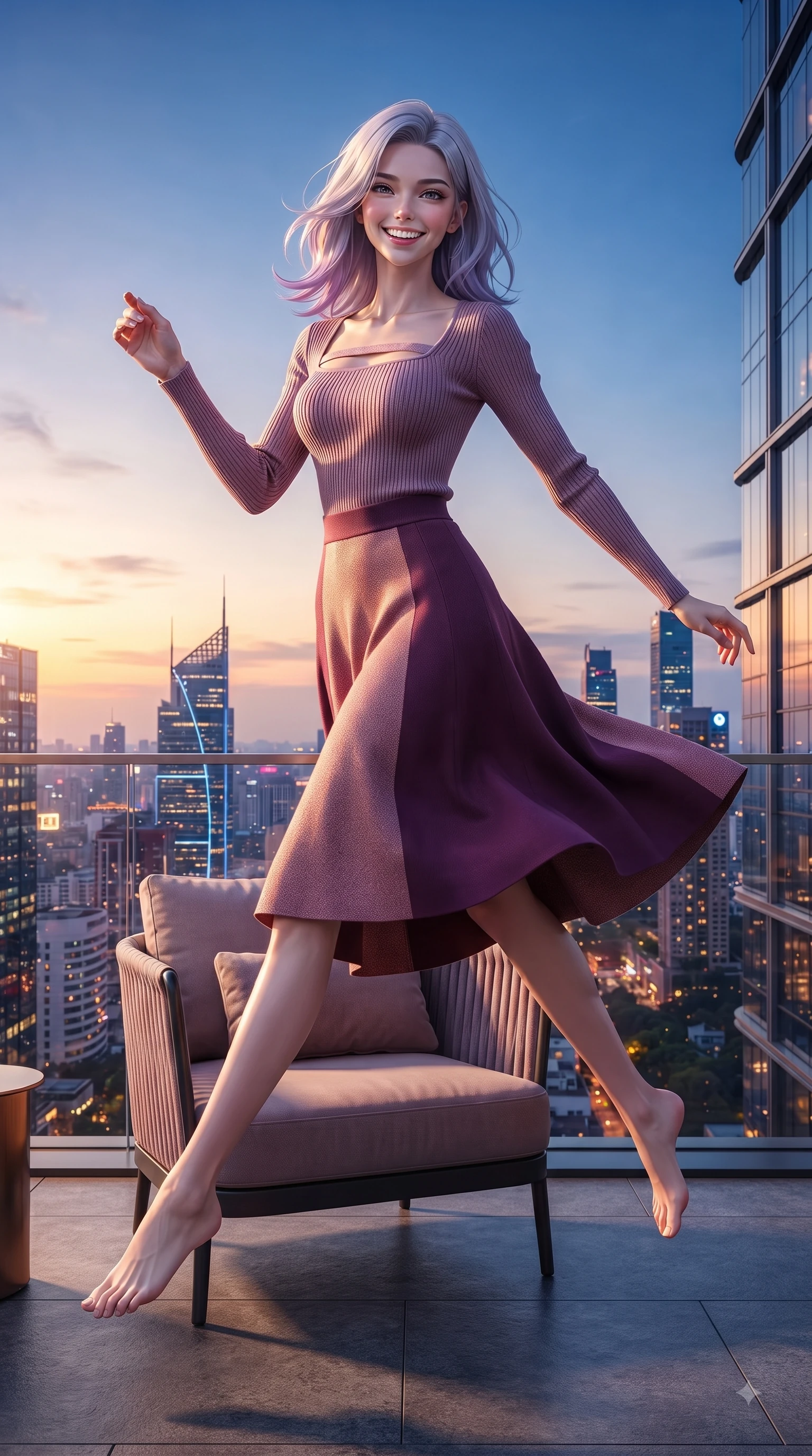 score_9, masterpiece, best quality, ultra-detailed, high-budget anime keyframe, editorial fashion photography, tasteful artistic composition, Caucasian woman. low angle full-body shot from head to toe showing her feet, filling the entire 9:16 vertical frame with her statuesque presence, stretching her vertical silhouette. leaping with pure youthful energy through the scene with a radiant bright smile, her long slender legs balanced gracefully while lounging in a plush designer chair under warm ambient outdoor terrace lights. The surrounding environment is rendered in vivid detail and crisp panoramic clarity. intricate city skyline details, twilight sky gradients, and modern architectural lines in high clarity. She has an absolutely perfect, statuesque 8.5-heads proportion, an exceptionally tall and slender model-like female figure with impossibly long slender legs and an ultra-slim waist. sharp v-shaped jawline, high-bridge nose, intricate jewel-like eyes with depth, thick eyelashes, glossy lips with a natural sheen, flawlessly proportioned anatomical accuracy, natural body alignment, perfectly sculpted elegant limbs, clean dynamic posture without body distortion. wearing a chic square-neck ribbed top paired with a flowing A-line midi skirt in rich plum purple and rose gold, knitted from soft cozy cashmere yarn, accented with a Tasteful chest slit framing her clavicle gracefully, the tailored fabric tightly following every curve of her athletic build. bathed in dramatic golden hour sunset glow and vibrant urban night lights. ultra-reflective glossy finish, specular highlights, metallic sheen, high-contrast stereoscopic depth, volumetric dynamic lighting, 2k, ultra detail, master piece, 9:16 ratio