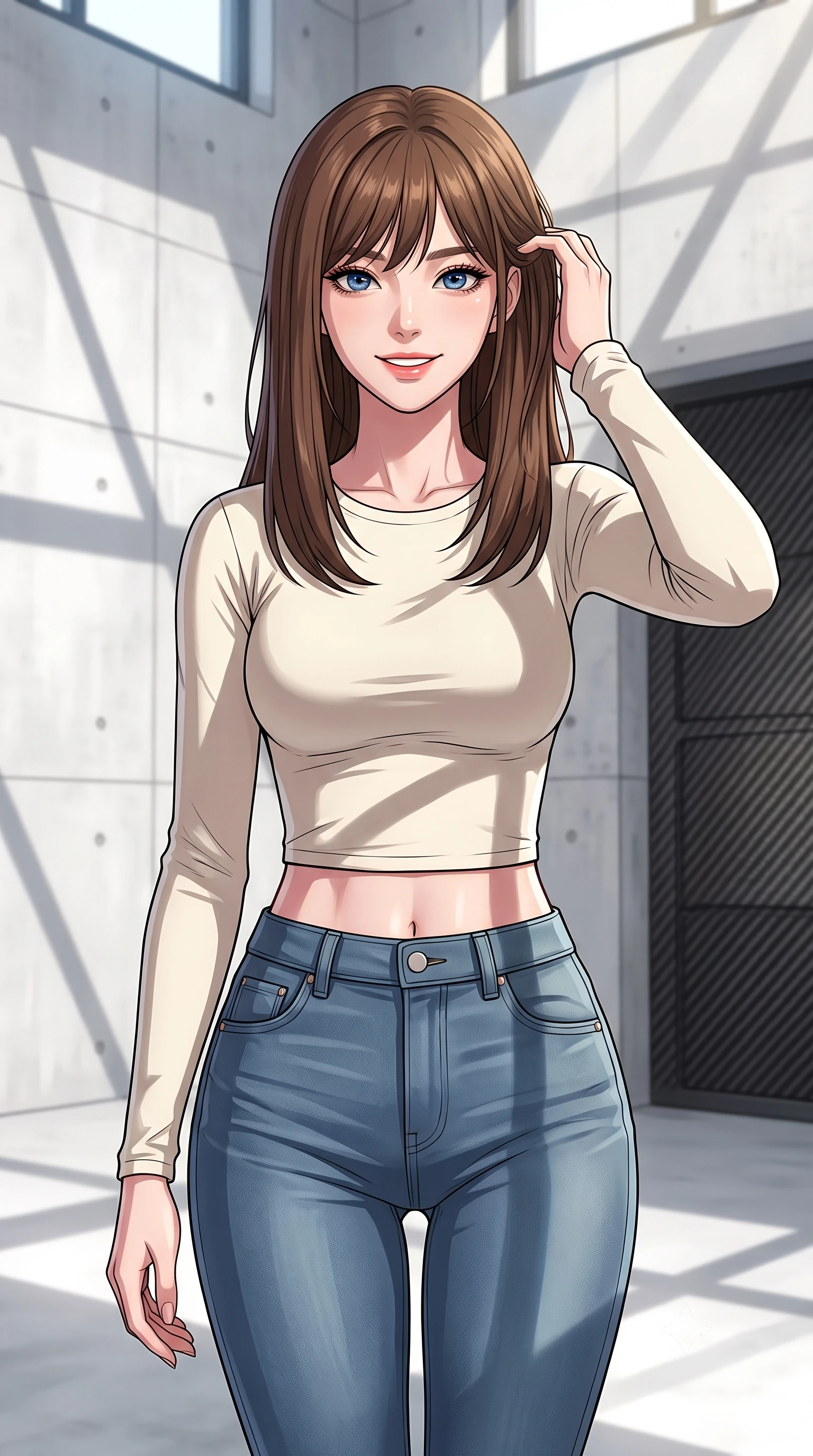 score_9, masterpiece, best quality, ultra-detailed, high-budget anime keyframe, tasteful artistic composition, Korean woman. close-up cowboy shot from the waist and thighs up, the character dominates the composition, filling the frame with her large presence, background elements kept in soft focus. smiling with quiet, magnetic self-assurance directly into the camera, running a hand through her hair the background shows a soft-focus a clean minimalist garage with white concrete walls and carbon fiber panels. She has an exceptionally elegant, slender, and willowy female figure with an ultra-slim waist, a gracefully sculpted slender torso, and a refined silhouette. sharp v-shaped jawline, high-bridge nose, intricate jewel-like eyes with depth, thick eyelashes, glossy lips with a natural sheen. wearing a slim-fit body-hugging long-sleeve crop top in cream cotton paired with high-waisted skinny jeans. bright midday sun rays filtering through high windows, creating sharp geometric shadows. highly saturated vibrant anime colors, cel-shading, 2d style, master piece, 9:16 ratio