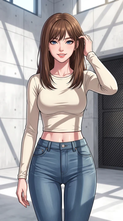 score_9, masterpiece, best quality, ultra-detailed, high-budget anime keyframe, tasteful artistic composition, Korean woman. close-up cowboy shot from the waist and thighs up, the character dominates the composition, filling the frame with her large 