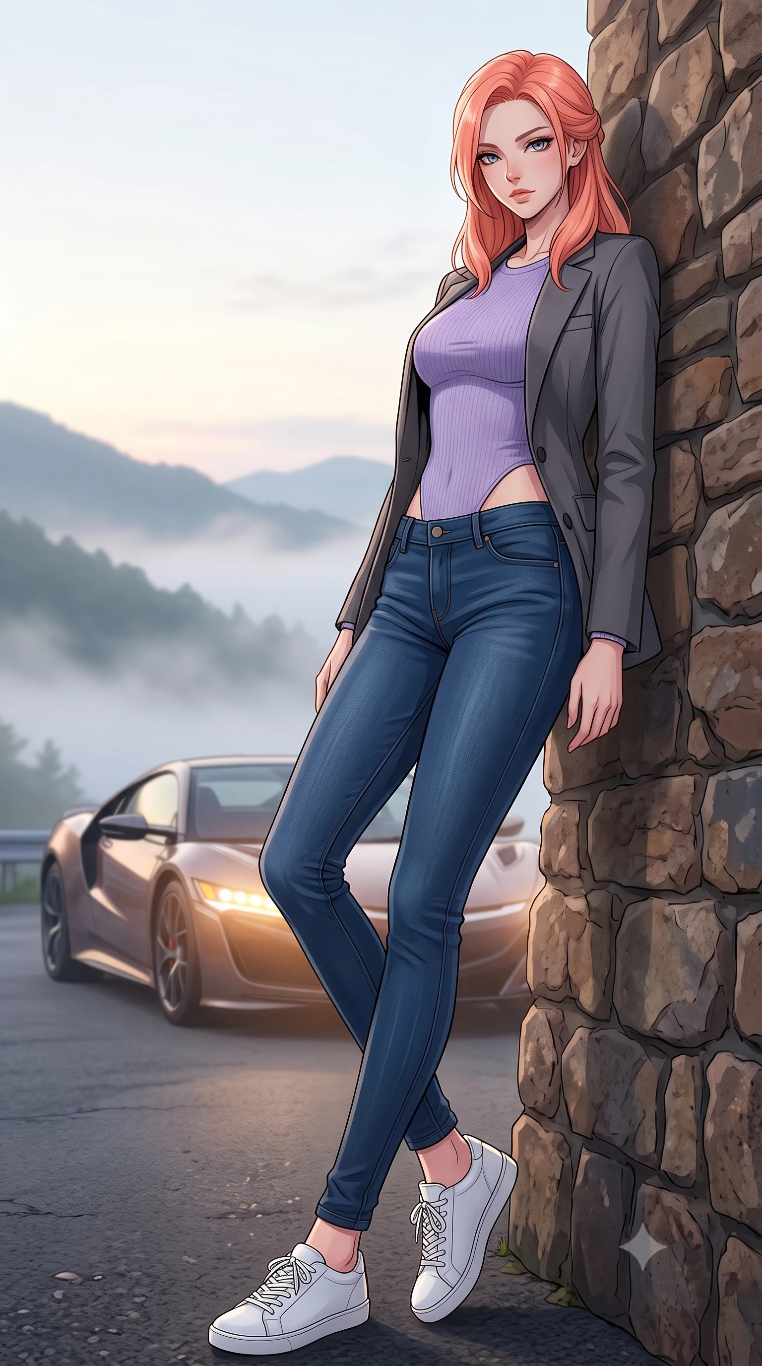 score_9, masterpiece, best quality, ultra-detailed, high-budget anime keyframe, tasteful artistic composition, Japanese woman. low angle full-body shot from head to toe showing her feet, filling the entire 9:16 vertical frame with her statuesque presence, stretching her vertical silhouette. leaning back against a rustic stone wall, casting a slow, alluring gaze at the camera the background shows a soft-focus a quiet mountain road overlook with a parked sports car and a misty valley below. She has an absolutely perfect, statuesque 8.5-heads proportion, an exceptionally tall and slender model-like female figure with impossibly long slender legs and an ultra-slim waist. sharp v-shaped jawline, high-bridge nose, intricate jewel-like eyes with depth, thick eyelashes, glossy lips with a natural sheen. wearing a tailored tight-fitting lavender knit bodysuit worn under a tailored open blazer and jeans. soft morning mist diffusing the warm headlights of the car. highly saturated vibrant anime colors, cel-shading, 2d style, master piece, 9:16 ratio