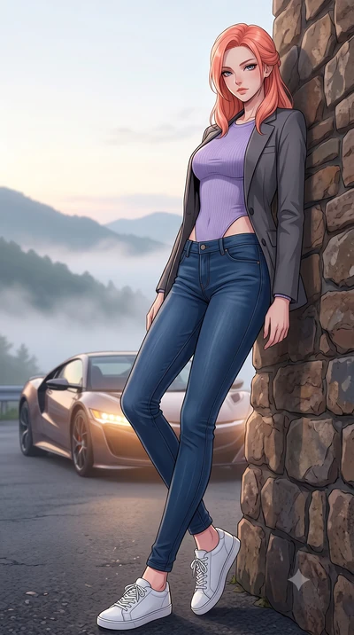 score_9, masterpiece, best quality, ultra-detailed, high-budget anime keyframe, tasteful artistic composition, Japanese woman. low angle full-body shot from head to toe showing her feet, filling the entire 9:16 vertical frame with her statuesque pres