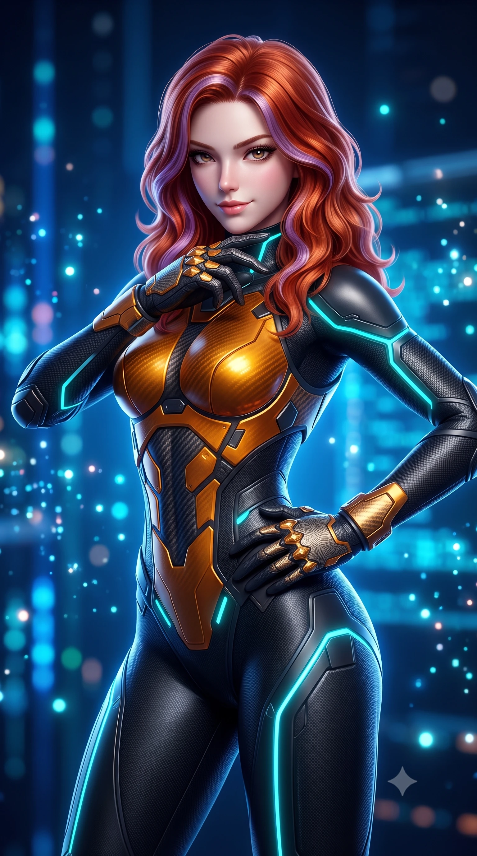 score_9, masterpiece, best quality, ultra-detailed, high-budget anime keyframe, semi-realistic 3D game render, editorial fashion photography, tasteful artistic composition, Caucasian woman. close-up cowboy shot from the waist and thighs up, the character dominates the composition, filling the frame with her large presence. resting one hand in a defensive deflective posture while glancing over her shoulder with thick eyelashes and a confident, smoldering combat half-smile while resting one hand along her slender hip while gazing into the lens with an omniscient, dangerous martial smolder. The composition keeps background elements in soft focus with creamy bokeh. sparkling holographic data particles scattering soft glowing light motes across a deep tech backdrop. She has an exceptionally elegant, slender, and willowy female figure with an ultra-slim waist, a gracefully sculpted slender torso, toned flat midriff, and a refined slim silhouette. sharp v-shaped jawline, high-bridge nose, intricate jewel-like eyes with depth, thick eyelashes, glossy lips with a natural sheen, flawlessly proportioned anatomical accuracy, strict slender model proportions, natural body alignment, perfectly sculpted long slender limbs, ultra-slim waistline, clean dynamic posture without body distortion. wearing a high-mobility matte-black carbon-fiber combat bodysuit with glowing neon cyan kinetic conduits and Damascus-textured knuckle guards in molten amber-gold carbon cuirass with dark titanium weave, made of lightweight aerodynamic carbon-titanium alloy with polished edge bevels, finished with high-mobility flexible limb seams and miniature magnetic armor locks, the sleek second-skin cut tightly hugging her graceful clavicle, narrow waist, and feminine curves with athletic precision. bathed in glowing electric sapphire and cyan data stream illumination with rich ambient blue fill. rich saturated anime colors with glowing neon highlights, detailed shading with soft gradients, rich glossy textures, high-contrast stereoscopic depth, volumetric dynamic lighting, master piece, 9:16 ratio