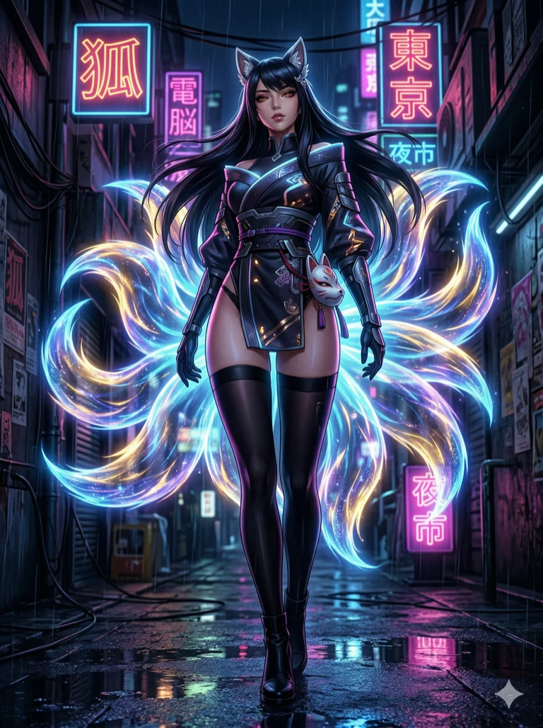 score_9, masterpiece, best quality, ultra-detailed, highend animation keyframe, an incredibly beautiful Japanese woman. Low angle cowboy shot filling the frame. She is a Kitsune spirit in a modern Tokyo alley, her nine tails made of glowing holographic light. She has an absolutely perfect 8-heads proportion, an exceptionally tall female figure with long slender legs and a slim-fit toned body. Her face is a highly detailed masterpiece featuring a v-shaped jawline, high-bridge nose, intricate jewel-like amber eyes, thick eyelashes, and glossy lips. She has raven black flowing hair with fox-ear-shaped hair clips. She is wearing a high-cut tech-kimono with zettai ryouiki, highlighting her alluring silhouette. Neon signs and rain puddles, dramatic rim lighting, radiant glowing skin, cinematic dynamic light, 2k, ultra detail, master piece, 3:4 ratio