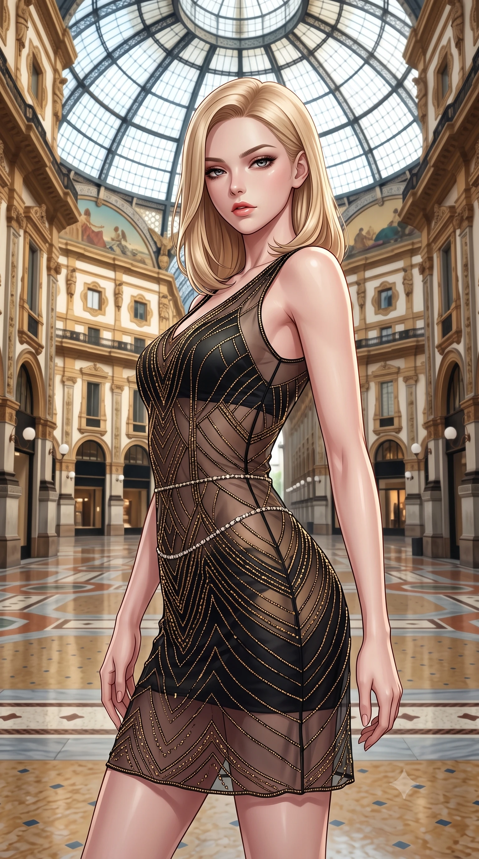 score_9, masterpiece, best quality, ultra-detailed, high-budget anime keyframe, semi-realistic 3D game render, editorial fashion photography, tasteful artistic composition, Korean woman. close-up cowboy shot from the waist and thighs up, the character dominates the composition, filling the frame with her large presence. twisting her slender torso in a deep contrapposto stance, hips dramatically shifted to accentuate her feminine curves while looking past her shoulder with smoldering bedroom-eyes while striding down the empty neoclassical marble arcade beneath the colossal iron-and-glass octagonal dome, arching her back with sovereign supermodel poise. The surrounding environment is rendered in vivid detail and crisp panoramic clarity. detailed couture satin gown sheen, diamond jewelry sparkle, and Galleria architectural grandeur in high clarity. She has an exceptionally elegant, slender, and willowy female figure with an ultra-slim waist, flat toned midriff, narrow ribcage, and sculpted feminine hips creating an alluring, slim hourglass silhouette without bulk. sharp v-shaped jawline, high-bridge nose, intricate jewel-like eyes with depth, thick eyelashes, glossy parted lips with a natural sheen, intensely captivating and seductive bedroom-eyes expression, flawlessly proportioned anatomical accuracy, strict slender model proportions, natural body alignment, perfectly sculpted long slender limbs, ultra-slim waistline, clean dynamic posture without body distortion. wearing a sheer vintage mesh flapper dress adorned with intricate geometric beadwork over an opaque silk slip in midnight obsidian black and liquid gold, tailored from ultra-smooth duchess satin with a pearlescent sheen, accented with a dainty diamond waist chain catching the ambient light reflections, the form-contouring material adhering flawlessly to her sculpted flat midriff and slender torso, emphasizing her long leg lines and perfectly proportioned willowy build. illuminated by polished marble floor specular bounce sharply defining her sculpted collarbones, ultra-slim waist, and curvy hips. highly saturated vibrant anime colors, detailed shading with soft gradients, rich glossy textures, high-contrast stereoscopic depth, volumetric dynamic lighting, master piece, 9:16 ratio