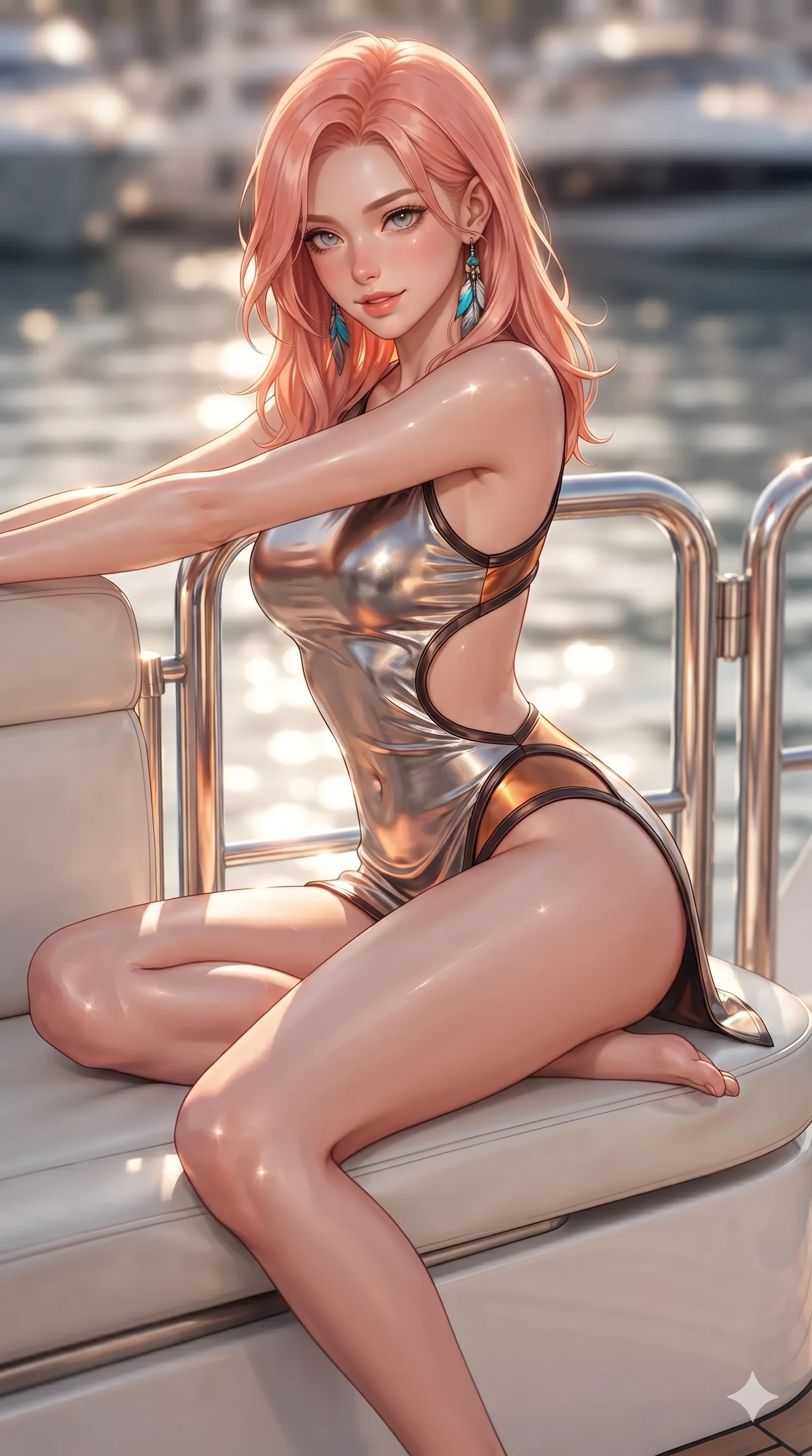 score_9, masterpiece, best quality, ultra-detailed, high-budget anime keyframe, editorial fashion photography, tasteful artistic composition, Japanese woman. close-up cowboy shot from the waist and thighs up, the character dominates the composition, filling the frame with her large presence. perched sideways on the lounge seat, one knee drawn up to showcase her slender leg line while her arched back accentuates her feminine hip curve while twisting her slender torso in an alluring S-curve beside the stainless steel yacht transom gate, shimmering harbor reflections tracing her flat midriff and curvy hips. The background shows a soft-focus exclusive superyacht stern lounge softened in luxury harbor shallow focus. She has an exceptionally elegant, slender, and willowy female figure with an ultra-slim waist, flat toned midriff, narrow ribcage, and sculpted feminine hips creating an alluring, slim hourglass silhouette without bulk. sharp v-shaped jawline, high-bridge nose, sparkling eyes with hypnotic seductive depth, thick curled eyelashes, glossy parted lips with a natural dewy peach sheen, alluring bedroom-eyes with an enchanting coquettish smile, exuding magnetic siren charisma and sophisticated glamour, flawlessly proportioned anatomical accuracy, strict slender model proportions, natural body alignment, perfectly sculpted long slender limbs, ultra-slim waistline, clean dynamic posture without body distortion. wearing a liquid metallic lamé one-piece swim dress clinging like a second skin with hip-high side cutouts in dark espresso leather and warm amber highlights, crafted from luxurious metallic lamé that shifts radiance with every step, accented with turquoise and silver bohemian feather earrings swaying near her bare neck, the impeccably tailored cut draping gracefully along her slender figure with aristocratic resort poise. bathed in the blinding, warm 2800K late-afternoon sun rays casting dazzling specular highlights along her silhouette. ultra-reflective glossy finish, specular highlights, rich textural contrasts, high-contrast stereoscopic depth, volumetric dynamic lighting, 2k, ultra detail, master piece, 9:16 ratio