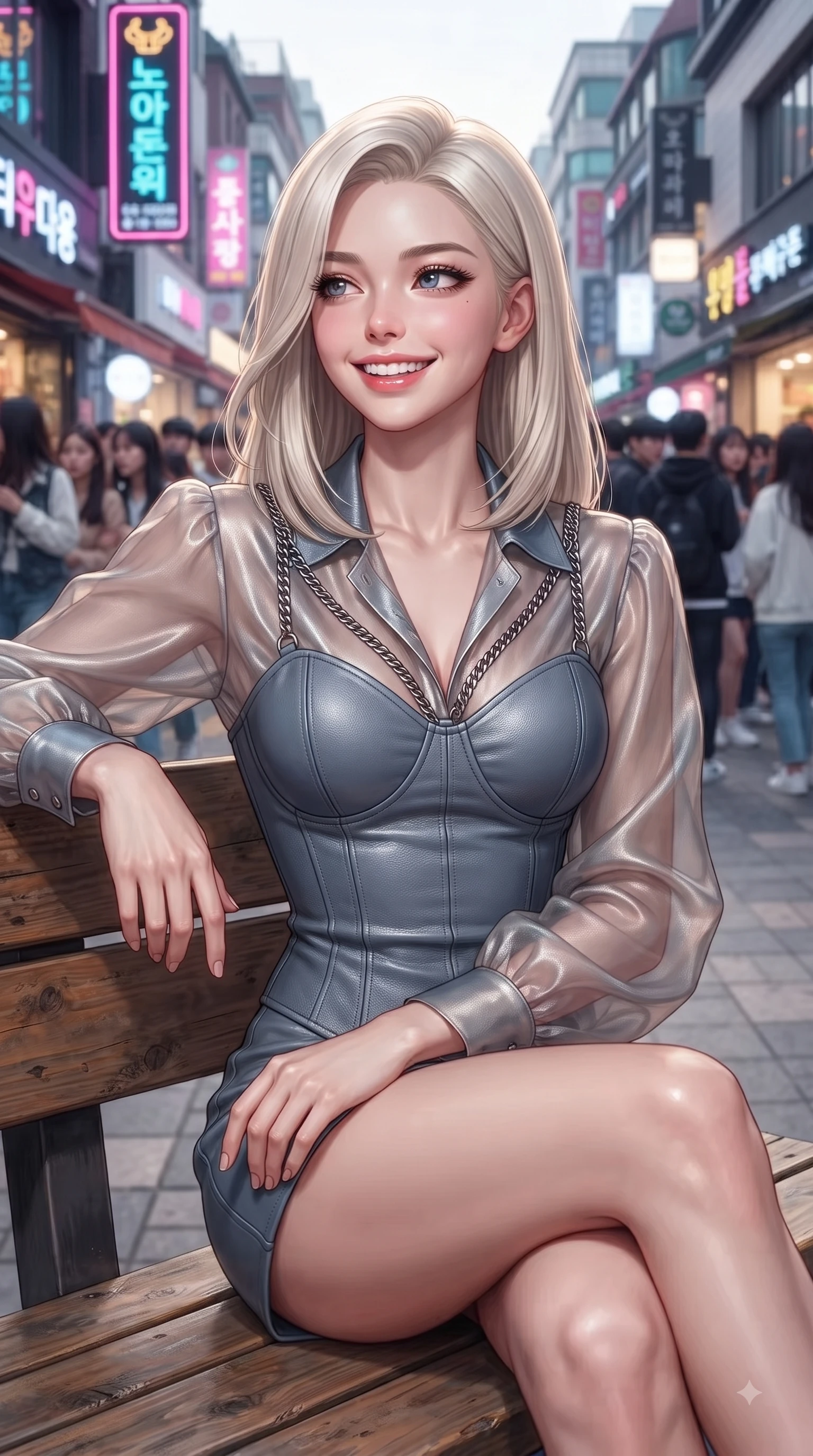 score_9, masterpiece, best quality, ultra-detailed, high-budget anime keyframe, editorial fashion photography, tasteful artistic composition, Caucasian woman. close-up cowboy shot from the waist and thighs up, the character dominates the composition, filling the frame with her large presence, background elements kept in soft focus. Radiant youthful grin reflecting college charm while casting a playful, joyful side-gaze with heavy lashes while resting on a wooden bench outside a hipster cafe on a bustling Seoul fashion street, young stylish crowds and chic architecture creating a lively college town atmosphere. She has an exceptionally elegant, slender, and willowy female figure with an ultra-slim waist, a gracefully sculpted slender torso, and a refined silhouette. sharp v-shaped jawline, high-bridge nose, intricate jewel-like eyes with depth, thick eyelashes, glossy lips with a natural sheen, flawlessly proportioned anatomical accuracy, natural body alignment, perfectly sculpted elegant limbs, clean dynamic posture without body distortion. wearing a tailored leather bustier over a sheer silk chiffon blouse in slate blue and metallic silver, woven from fine semi-opaque sheer organza, adorned with delicate metallic chain straps along the neckline, the tailored fabric tightly following every curve of her athletic build. illuminated by vibrant neon shop signs and crisp clear afternoon key light. ultra-reflective glossy finish, specular highlights, metallic sheen, high-contrast stereoscopic depth, volumetric dynamic lighting, 2k, ultra detail, master piece, 9:16 ratio