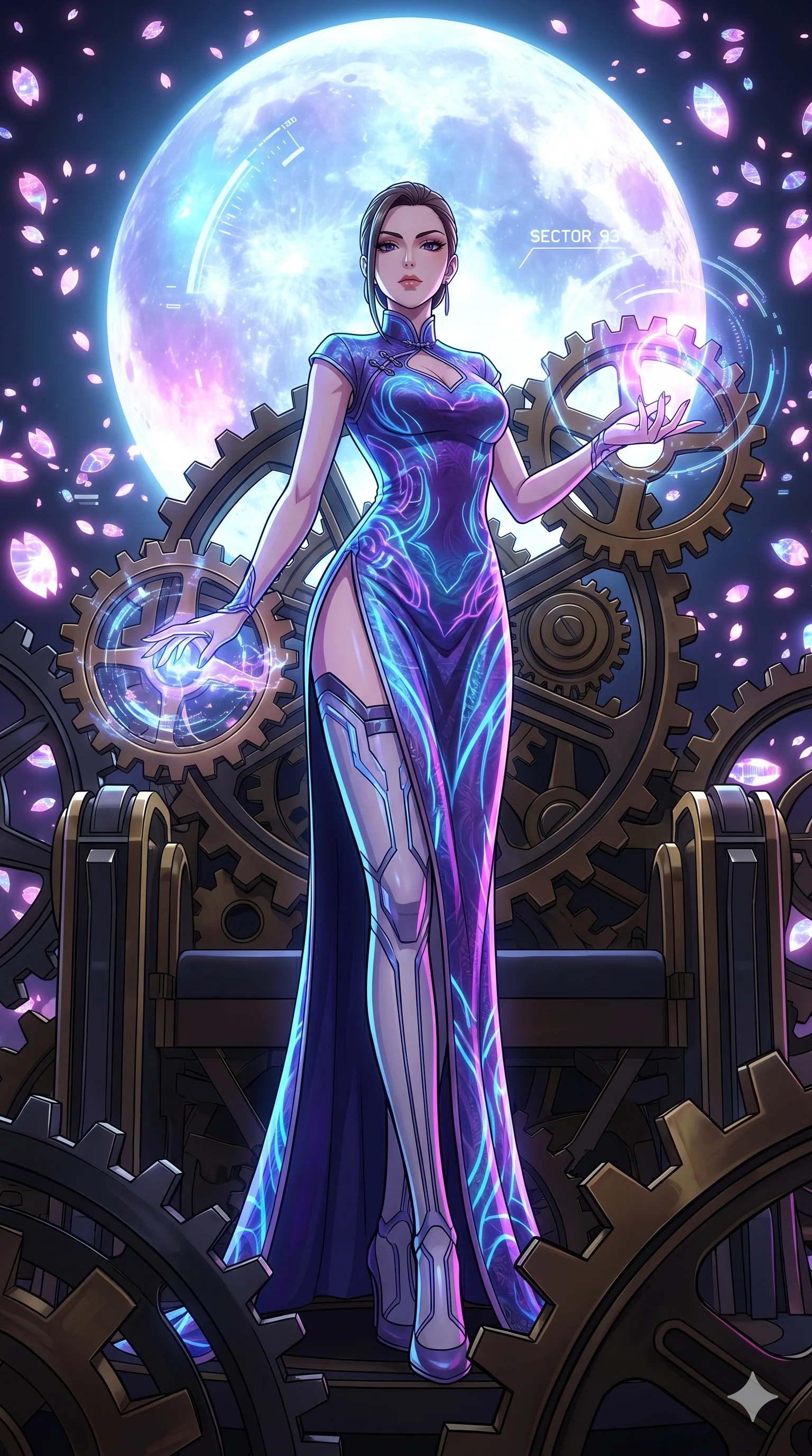 score_9, masterpiece, best quality, ultra-detailed, Set A: High-budget Anime Keyframe, Caucasian (strictly human ears) woman. Low angle cowboy shot filling the entire 9:16 frame with her statuesque presence. Casting a spell through a throne of gears, with a massive holographic moon rising behind her marked as sector 93 and surrounded by digital sakura petals. She has an absolutely perfect 8-heads proportion, an exceptionally tall and slender female figure with impossibly long slender legs and an ultra-slim waist. Sharp v-shaped jawline, high-bridge nose, intricate jewel-like eyes with depth, thick eyelashes, glossy lips with a natural sheen. Wearing Ornate traditional silk gown with futuristic glowing patterns and a massive high slit. Cinematic lighting, vibrant colors, dramatic shadows, 2k, ultra detail, master piece, 9:16 ratio