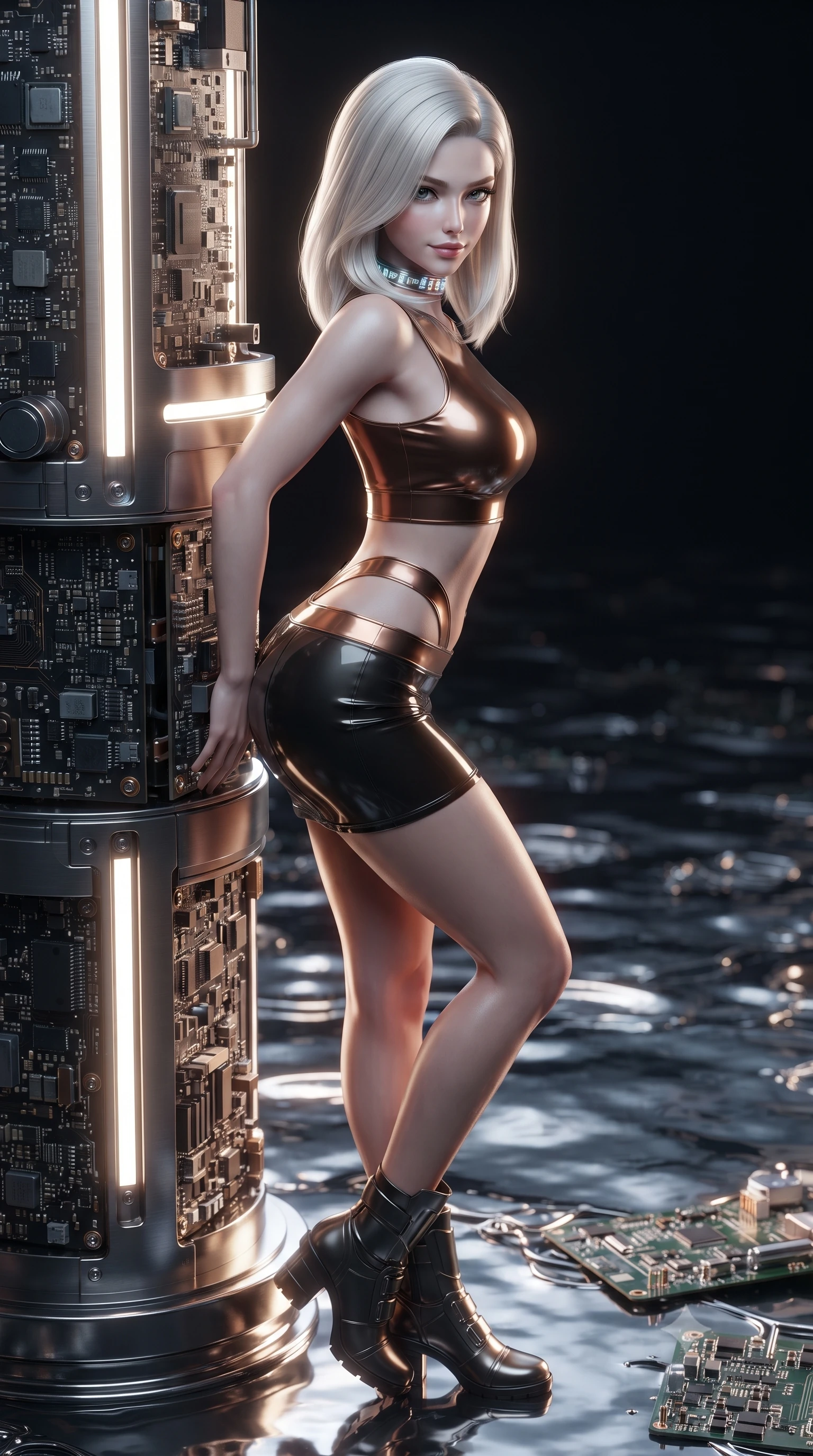 score_9, masterpiece, best quality, ultra-detailed, high-budget anime keyframe, editorial fashion photography, tasteful artistic composition, Caucasian woman. close-up cowboy shot from the waist and thighs up, the character dominates the composition, filling the frame with her large presence. turning slowly with a smoldering smile, her sleek hair catching the cockpit HUD rim light as her hips angle gracefully in a captivating contrapposto while leaning against an illuminated molecular assembler column with hips cocked back, looking over her shoulder with an alluring, dangerous gaze. The surrounding environment is rendered in vivid detail and crisp panoramic clarity: sharp liquid metal surface tension ripples, brushed titanium tank edges, and circuit board trace clarity in deep focus. She has an exceptionally elegant, slender, and willowy female figure with an ultra-slim waist, flat toned midriff, narrow ribcage, and sculpted feminine hips creating an alluring, slim hourglass silhouette without bulk. sharp v-shaped jawline, high-bridge nose, intricate jewel-like sparkling eyes with depth, thick eyelashes, glossy parted lips with a natural sheen, bright confident smile with an enchanting and coquettish sensual glint, exuding both youthful magnetic charm and sovereign high-tech allure, flawlessly proportioned anatomical accuracy, strict slender model proportions, natural body alignment, perfectly sculpted long slender limbs, ultra-slim waistline, clean dynamic posture without body distortion. wearing a body-hugging modern carbon-alloy crop top paired with a low-rise tactical skirt and a subtle waist cut-out in burnished bronze alloy and smoked glass black, made of smooth liquid latex with high-contrast stereoscopic depth and wet shine, complemented by a high-tech holographic choker projecting miniature glyphs, the liquid-tight tailored fabric clinging flawlessly to her narrow waist and rounded feminine hips, emphasizing every millimeter of her sculpted slim hourglass curves without any bulky heaviness. bathed in the blinding mirror-like sheen and specular reflections of liquid mercury pools. ultra-reflective glossy finish, specular highlights, rich textural contrasts, high-contrast stereoscopic depth, volumetric dynamic lighting, 2k, ultra detail, master piece, 9:16 ratio
