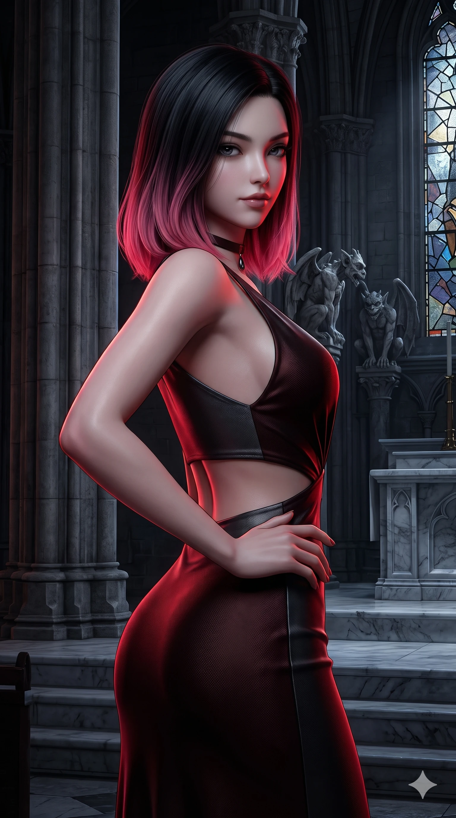 score_9, masterpiece, best quality, ultra-detailed, high-budget anime keyframe, semi-realistic 3D game render, editorial fashion photography, tasteful artistic composition, Korean woman. close-up cowboy shot from the waist and thighs up, the character dominates the composition, filling the frame with her large presence. posing in an alluring rear three-quarter angle, turning over a bare shoulder with an intoxicating, smoldering gaze while holding a confident power pose with one hand on her hip beside the soaring stone nave pillars, looking into the lens with dangerous intensity. The surrounding environment is rendered in vivid detail and crisp panoramic clarity: sharp fractured stained-glass lead cames, carved stone gargoyle details, and cold marble altar step textures in deep focus. She has an exceptionally elegant, slender, and willowy female figure with an ultra-slim waist, flat toned midriff, narrow ribcage, and sculpted feminine hips creating an alluring, slim hourglass silhouette without bulk. sharp v-shaped jawline, high-bridge nose, intricate jewel-like dark sparkling eyes with hypnotic seductive depth, thick curled eyelashes, glossy parted lips with a natural wine sheen, alluring bedroom-eyes with an enigmatic smoldering smile, exuding magnetic sovereign charisma and dark avant-garde glamour, flawlessly proportioned anatomical accuracy, strict slender model proportions, natural body alignment, perfectly sculpted long slender limbs, ultra-slim waistline, clean dynamic posture without body distortion. wearing a slinky deep-V liquid dark jersey cocktail dress with waist cutout accentuating her curves in dark mahogany and brushed gunmetal, woven from matte carbon-fiber weave with high-tech structural hold, finished with a minimalist dark choker and a single teardrop pendant, accentuating her gracefully sculpted slender torso and statuesque proportions. illuminated by moonlit altar marble bounce and sharp blood-ruby rim lights sculpting her razor-sharp jawline, narrow waist, and curvy hips. highly saturated vibrant anime colors, detailed shading with soft gradients, rich glossy textures, high-contrast stereoscopic depth, volumetric dynamic lighting, master piece, 9:16 ratio